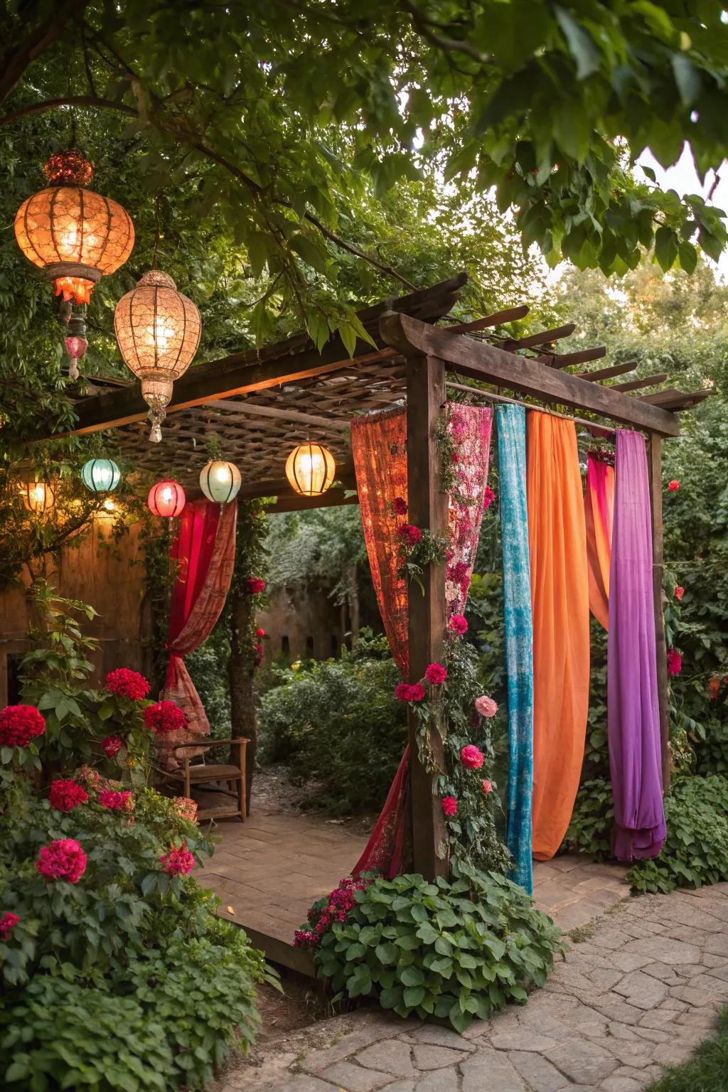 A bohemian pergola bursts with color and carefree charm.