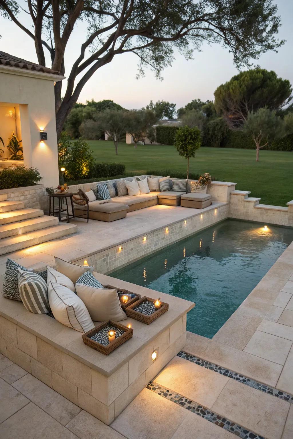 Seating niches offer intimate spaces for poolside relaxation.