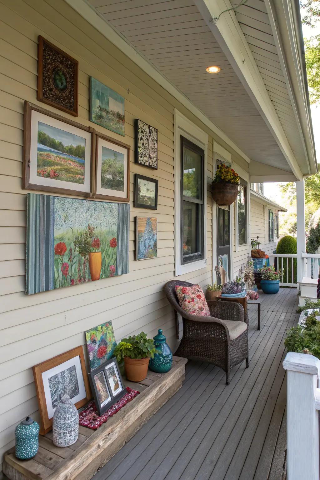 Art pieces adding a personal touch to a corner porch.