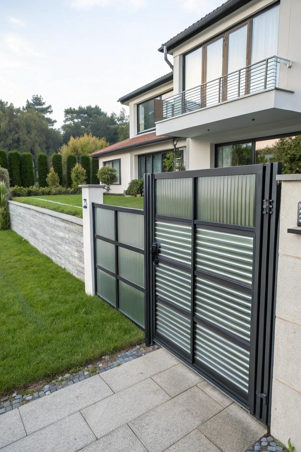 A modern gate design combining metal and glass.