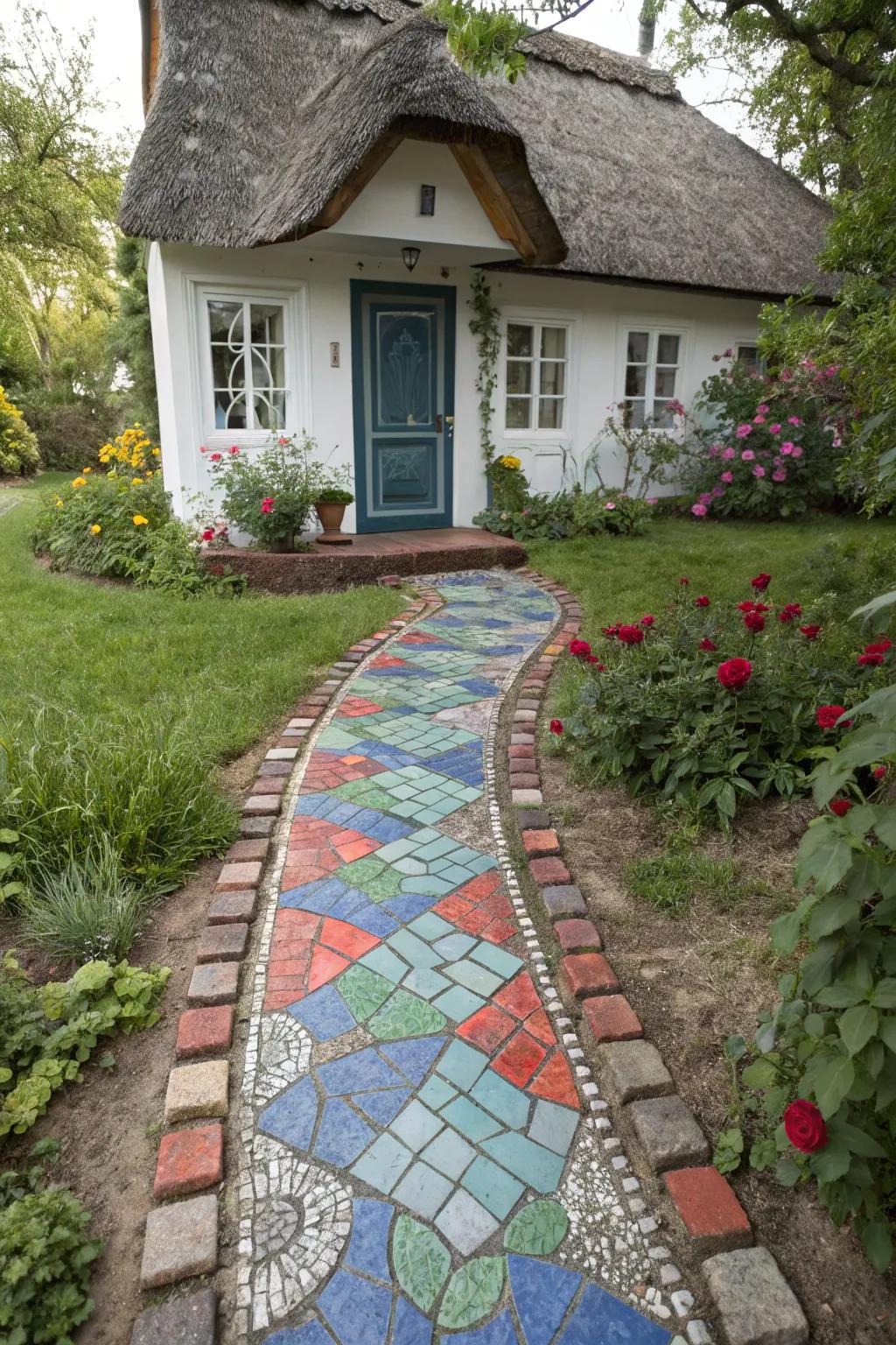 A vibrant mosaic path leads to a charming cottage door.