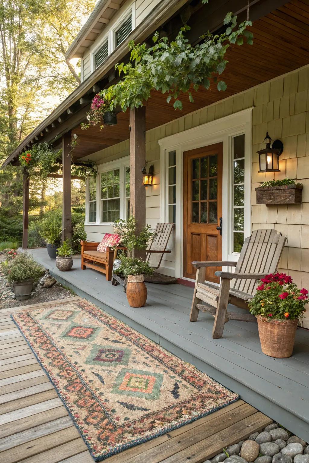 A cozy cottage porch with an inviting outdoor rug and seating area.