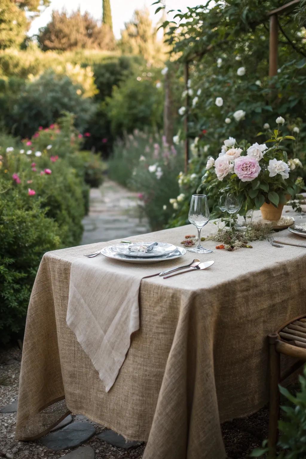 Natural fabrics add texture and rustic charm to garden settings.