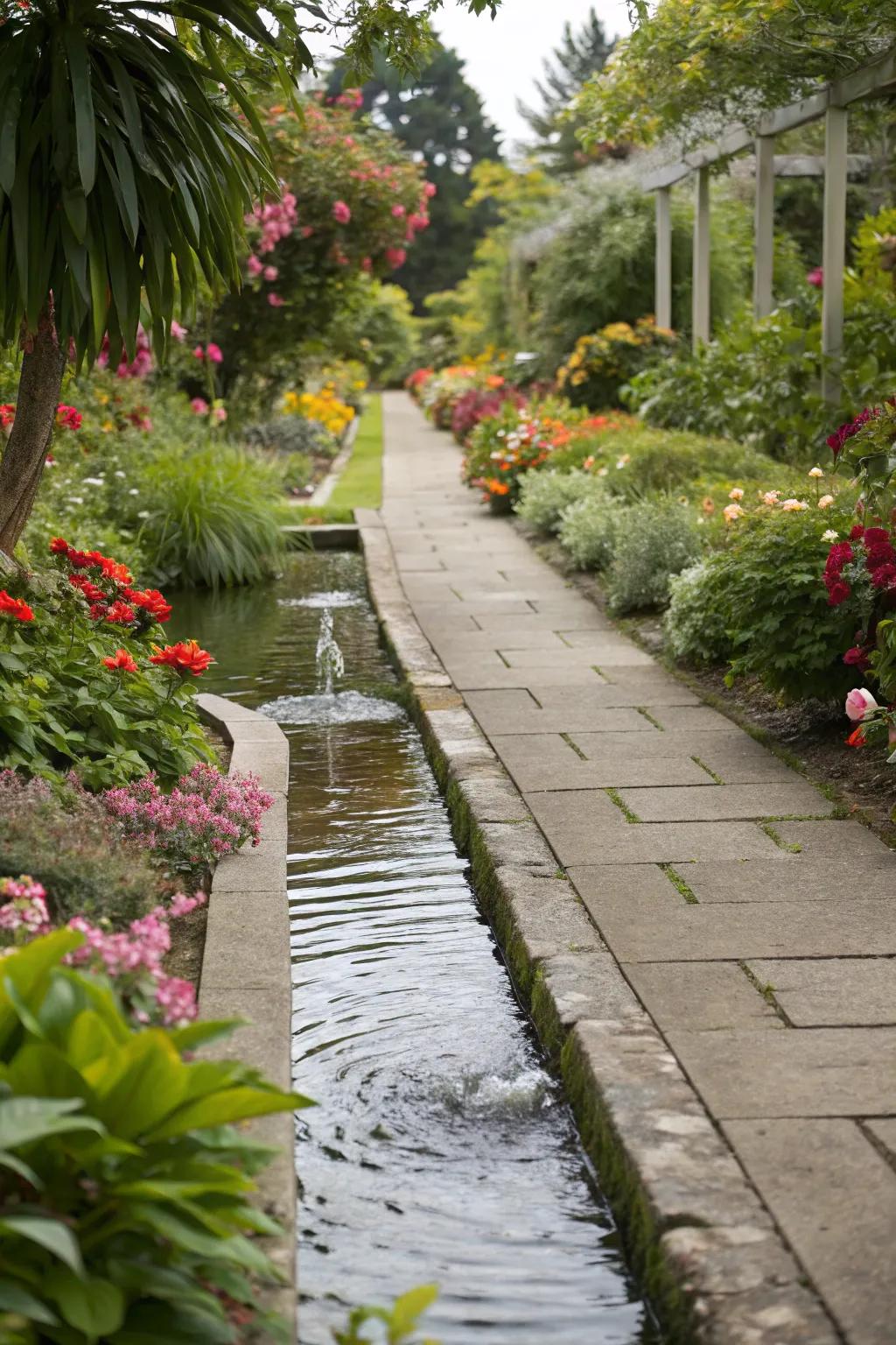 Water feature adding a calming element to a garden path.