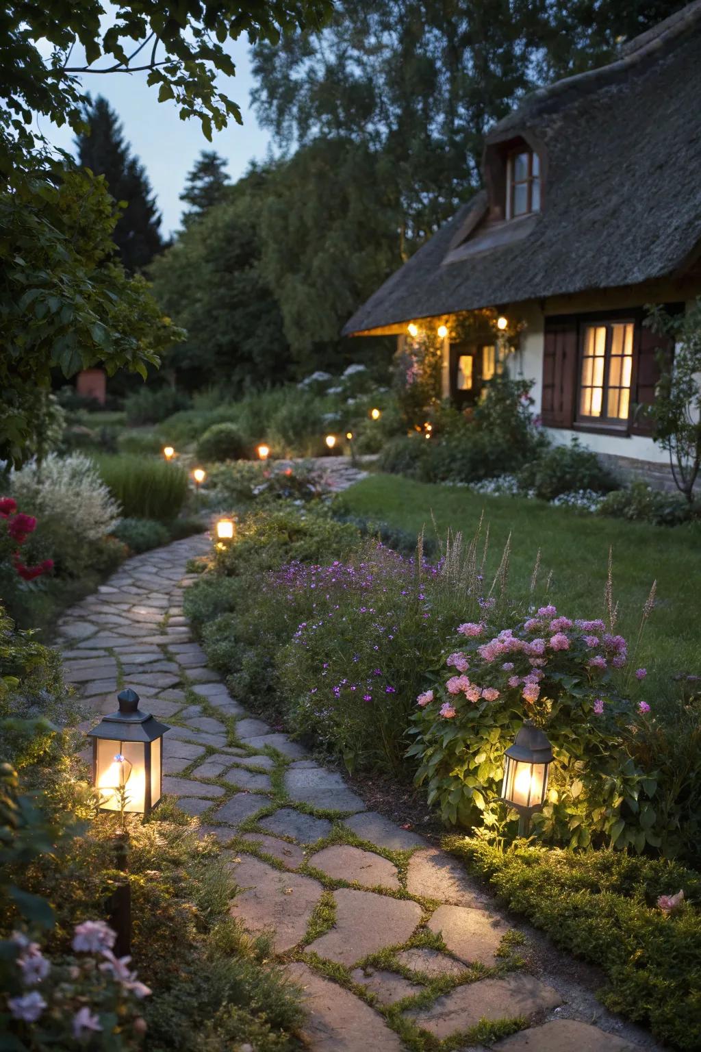 Soft lighting creates a magical ambiance for evening garden strolls.