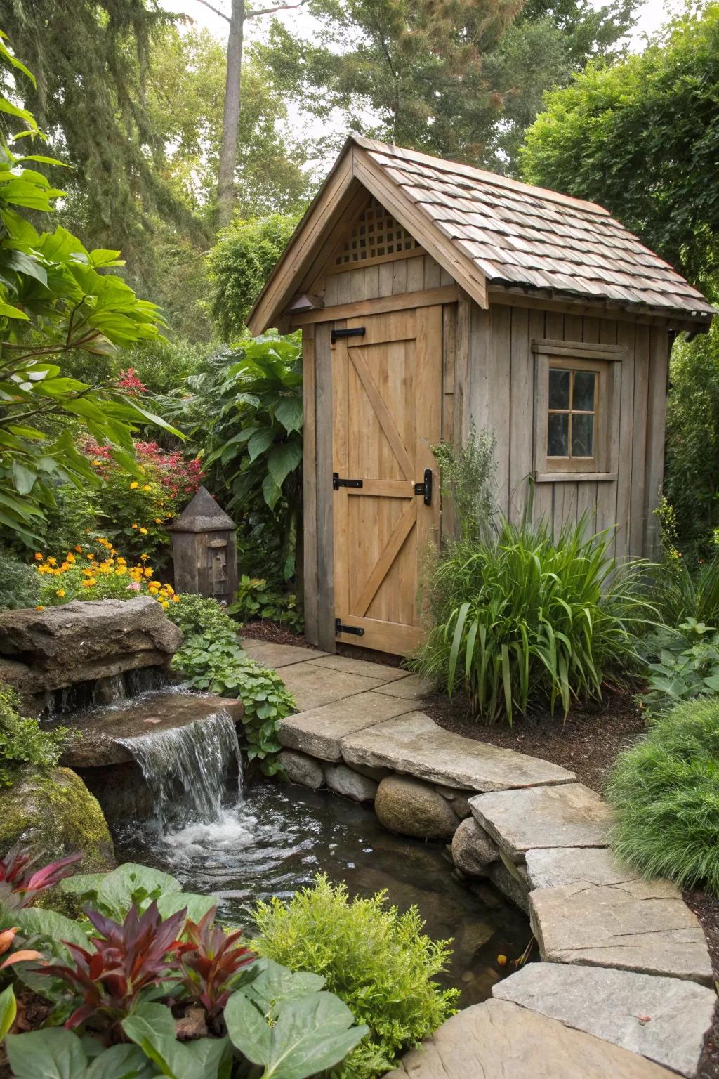A water feature brings tranquility to this charming garden shed.