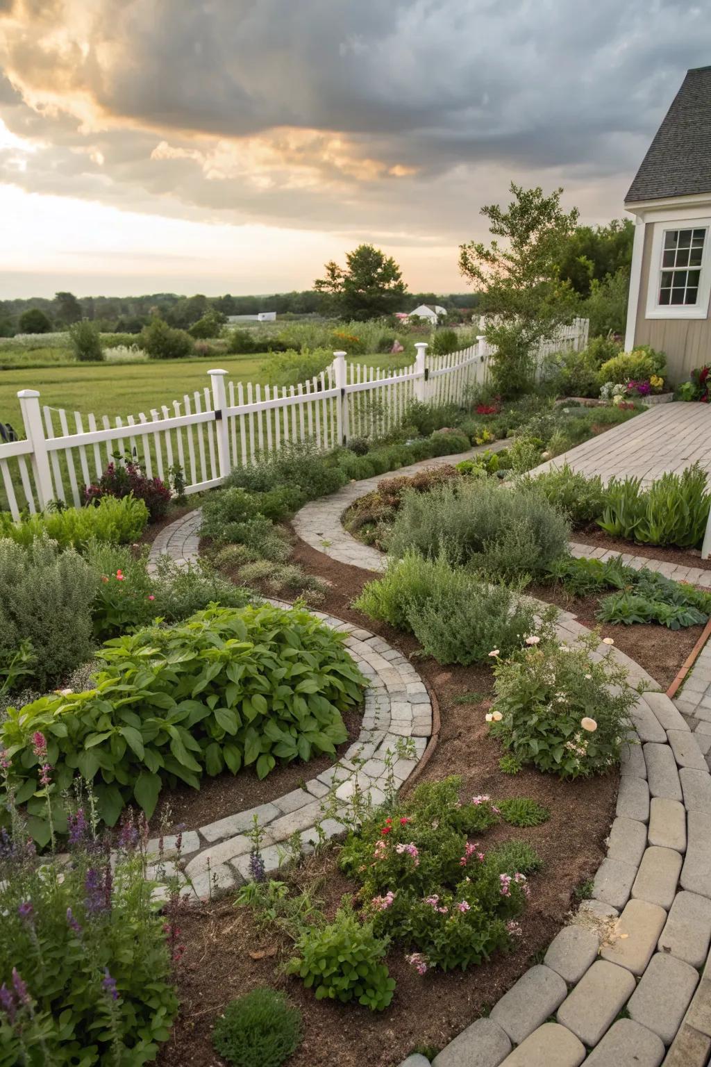 A herb spiral adding functional beauty to a cottage-style garden.