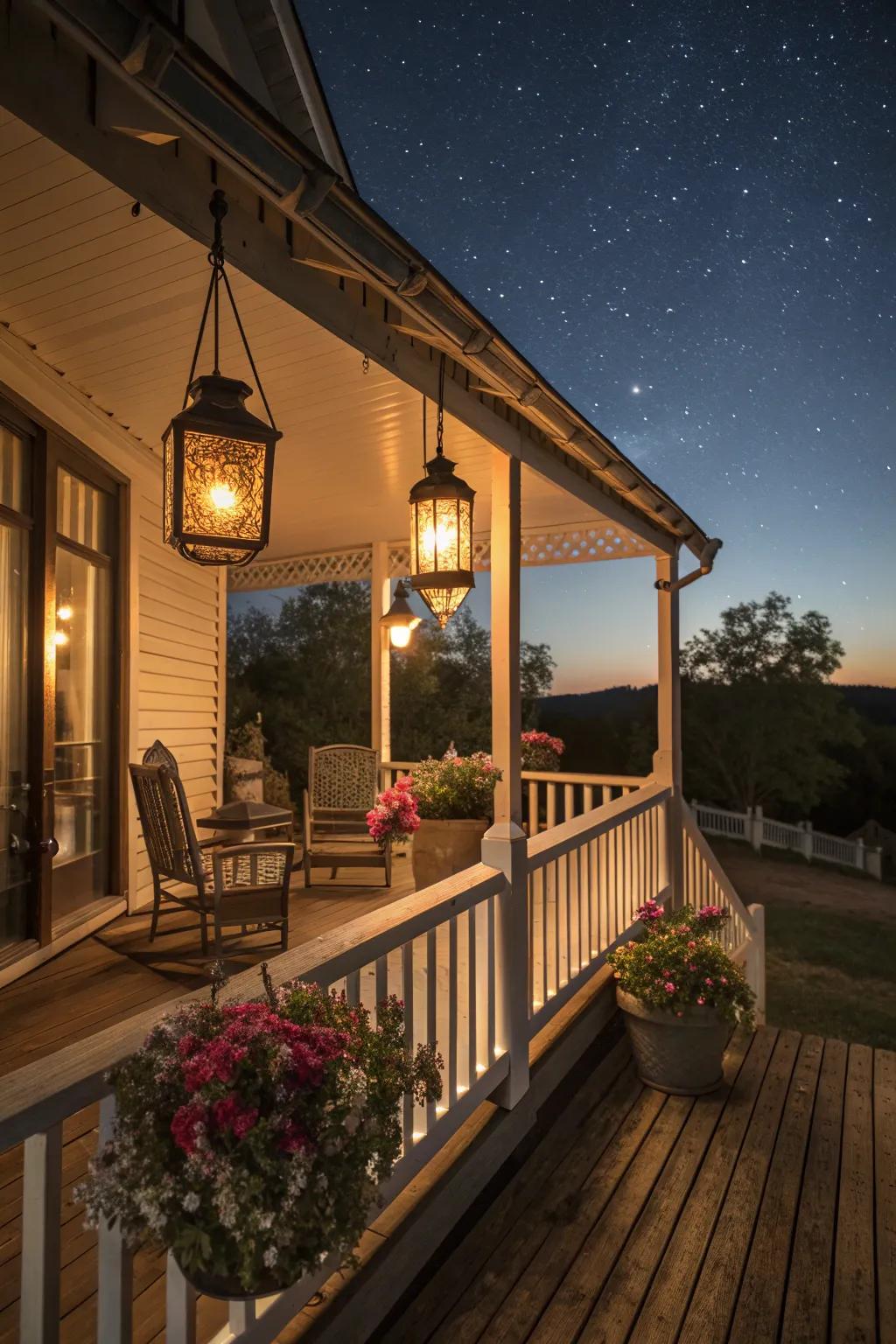 Lantern lighting adds a cozy glow to your porch.