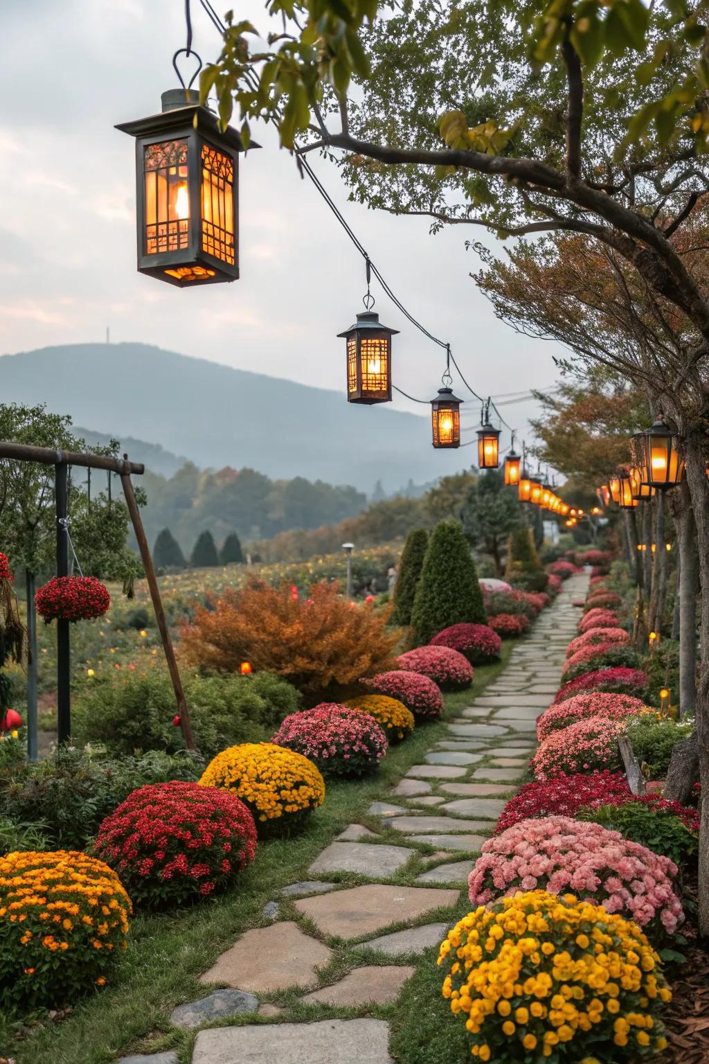 Seasonal decor keeps the garden dynamic and festive.