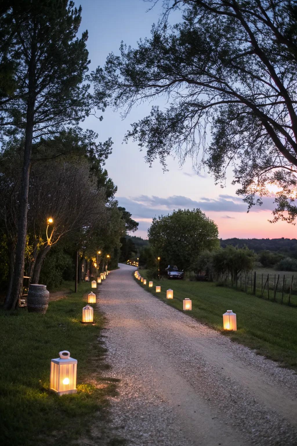 A lantern-lit driveway offering a magical and safe path for evening arrivals.
