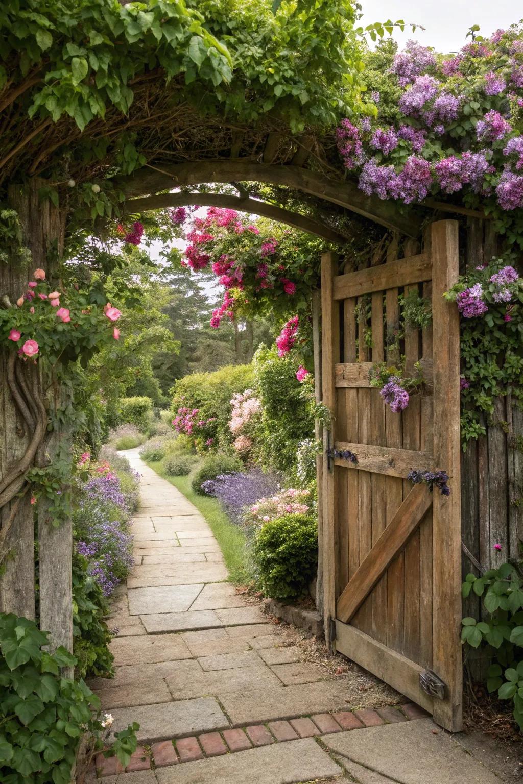 Vine-covered gates offer privacy and a touch of natural beauty.