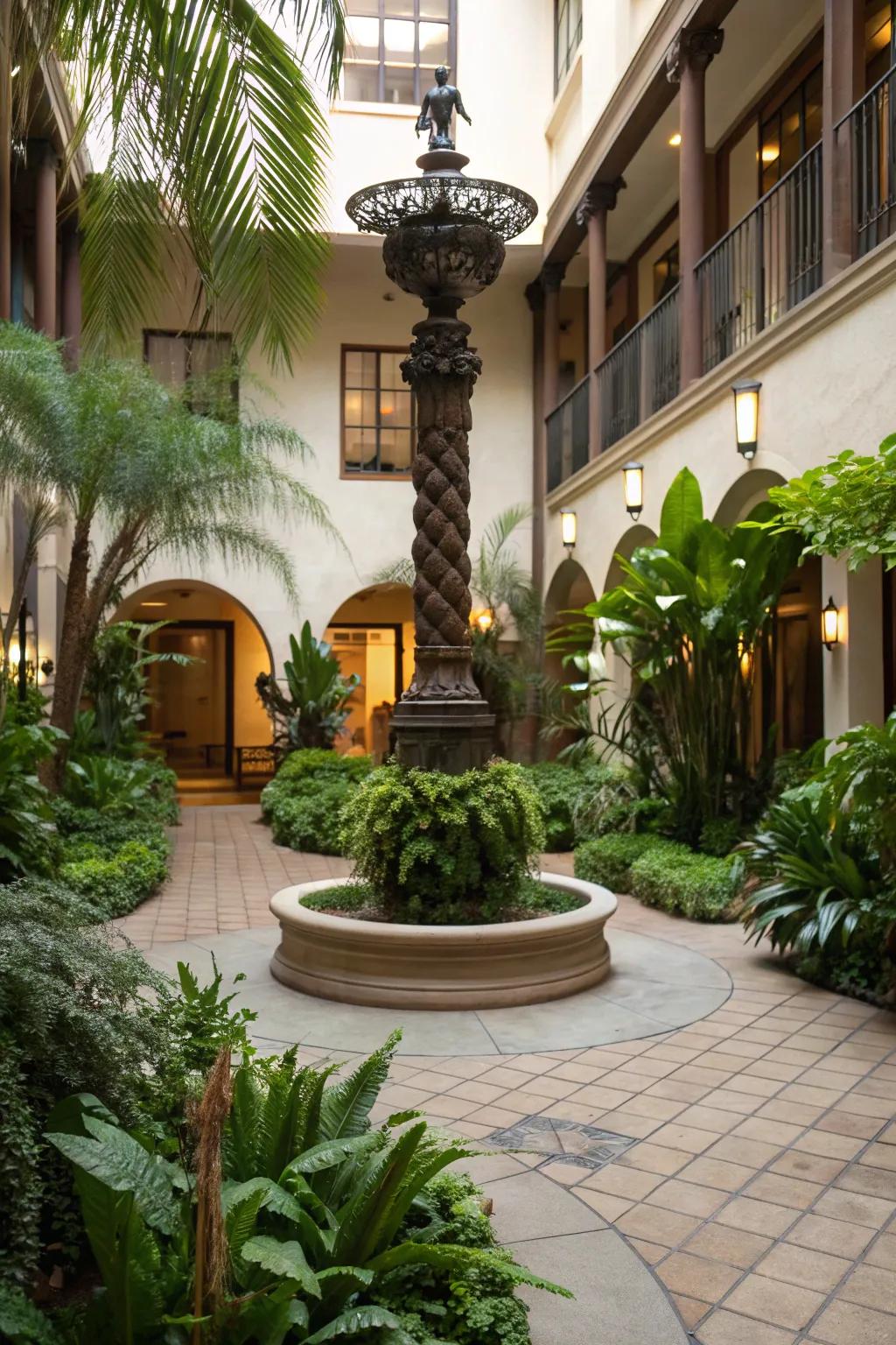An artistic sculpture adds elegance to this courtyard.