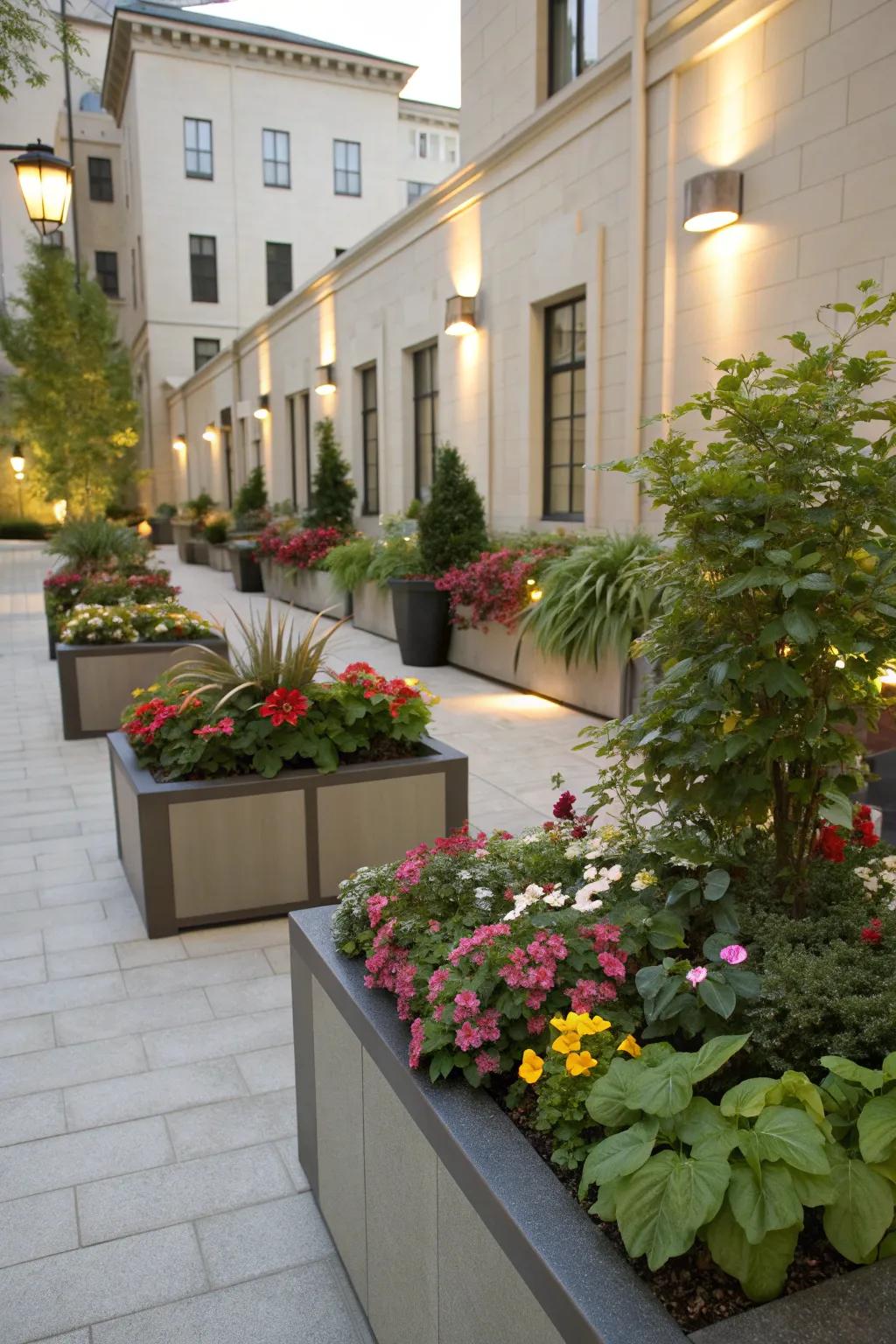 Raised planters adding structure and beauty to the courtyard.