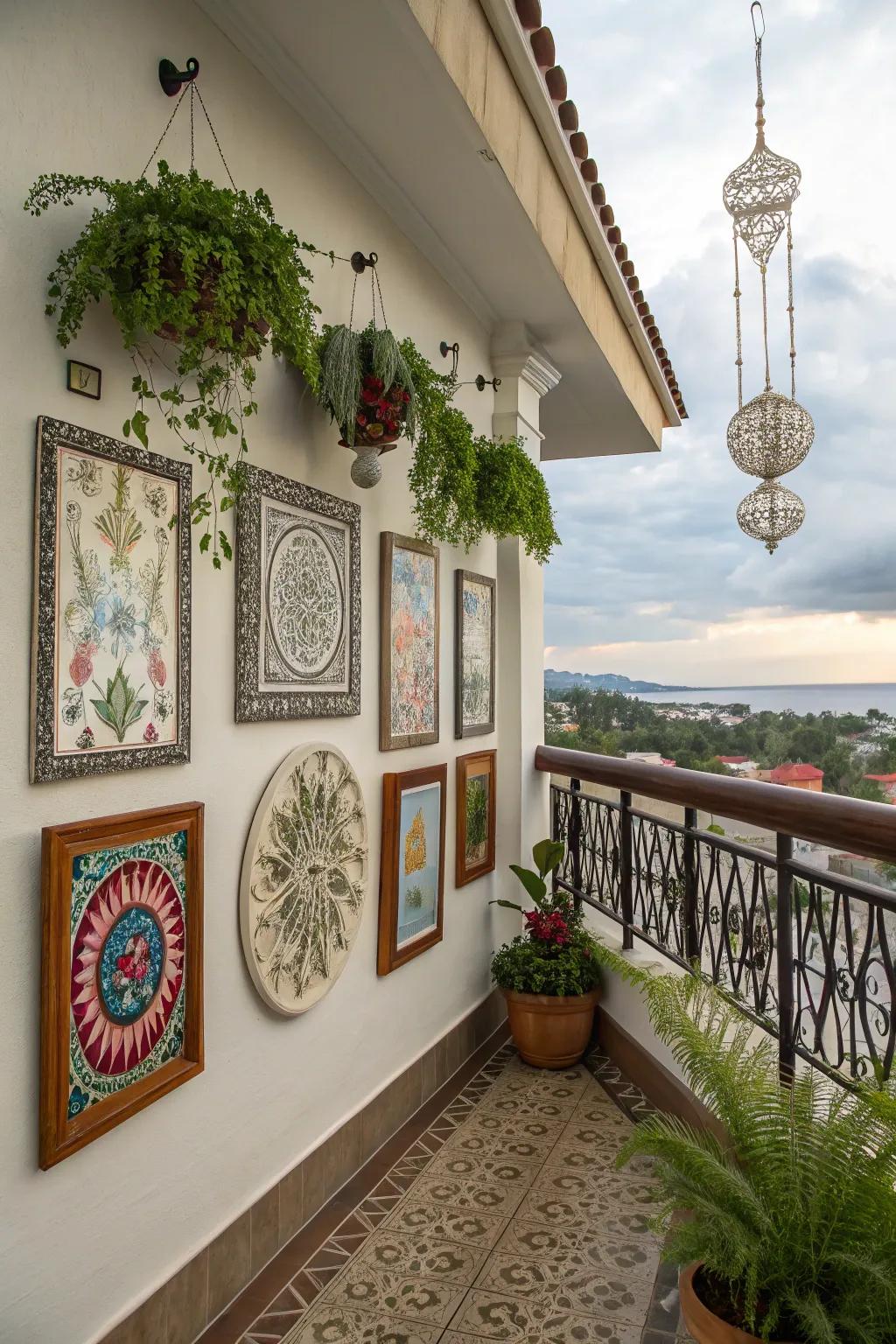 Artful displays add personality and charm to balcony walls.