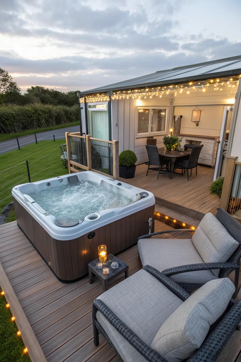Deck enhanced with a luxurious hot tub for ultimate relaxation.