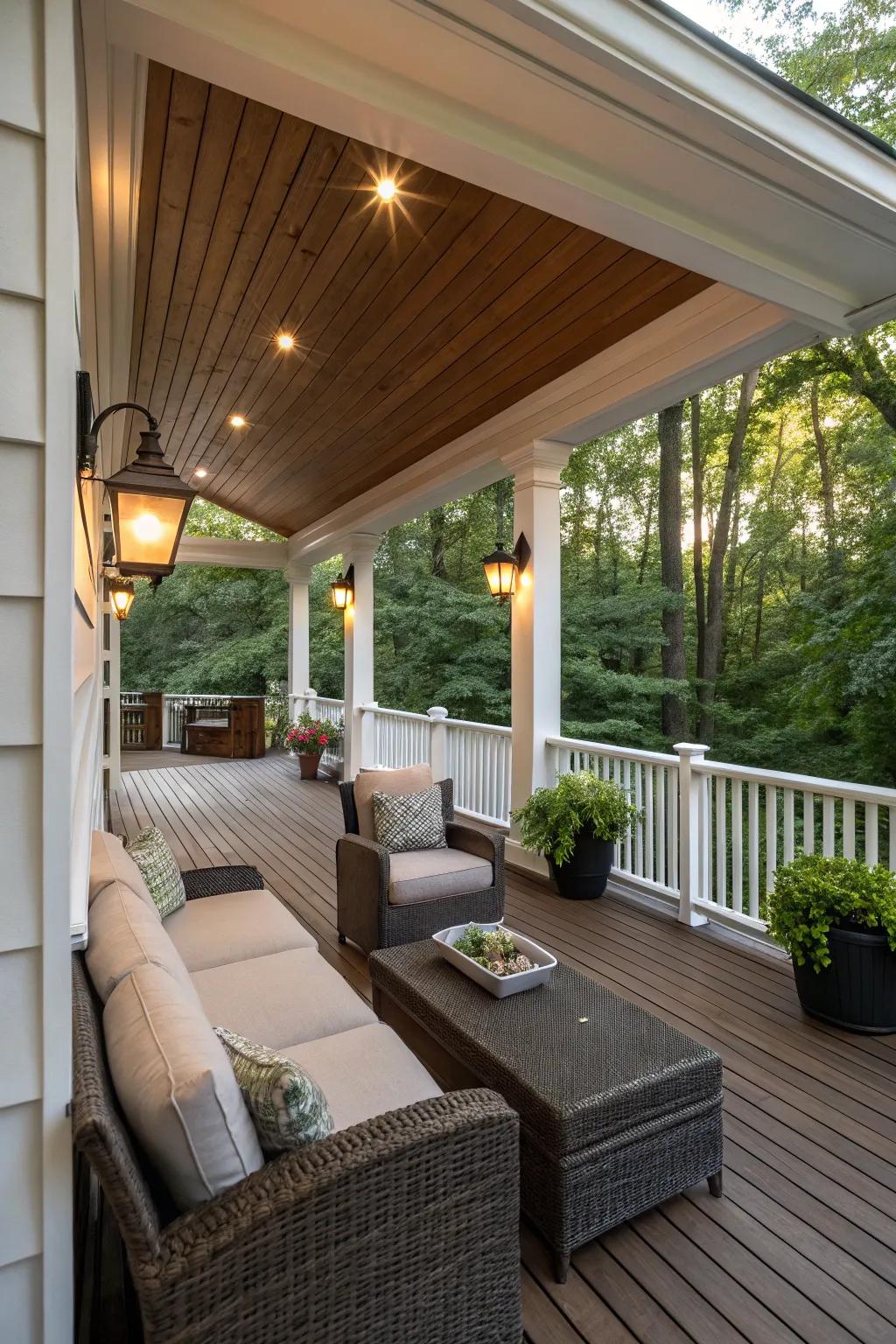 Wall sconces add architectural interest and lighting to a covered deck.