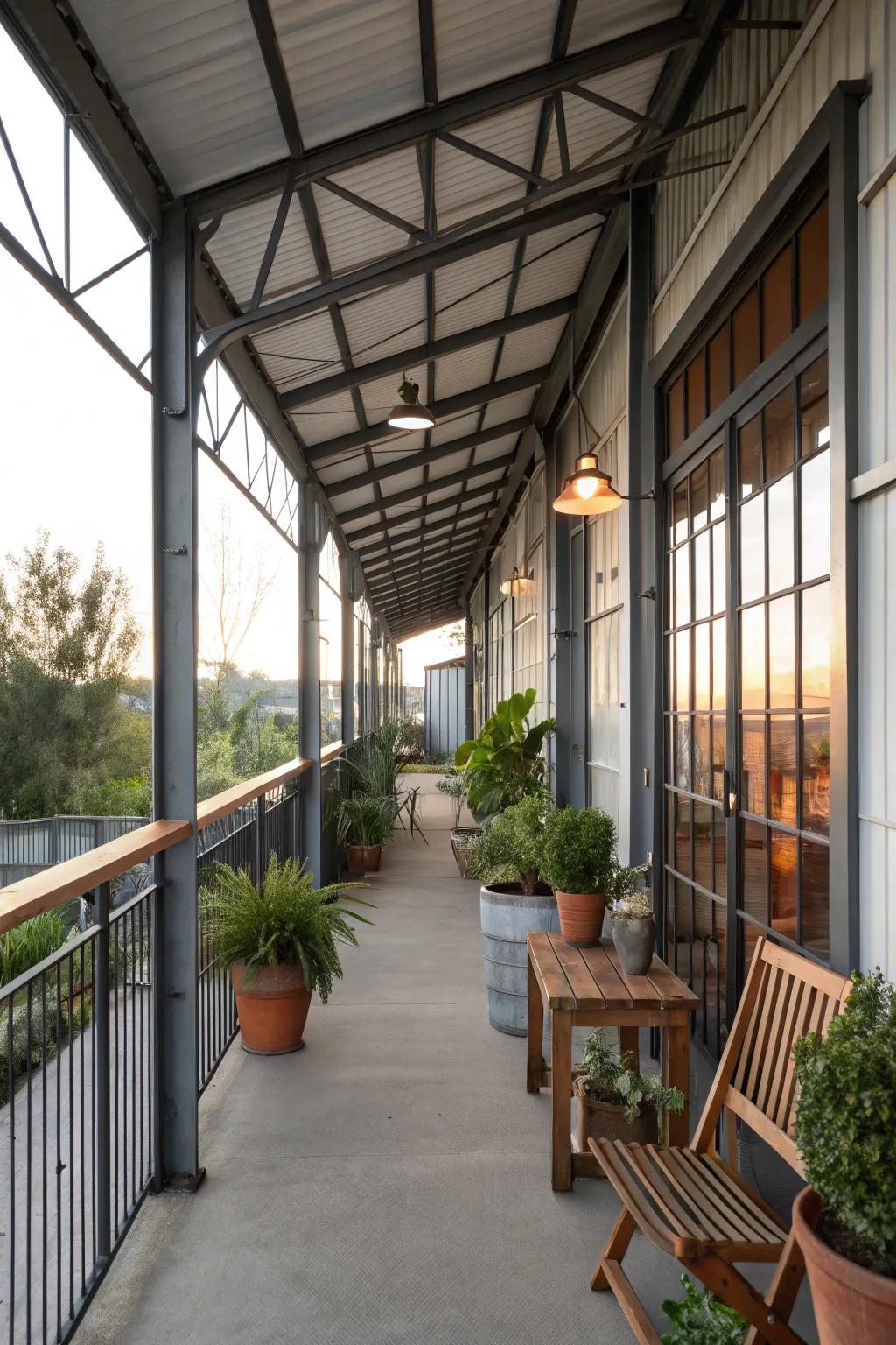 Industrial touches add a contemporary edge to the porch.