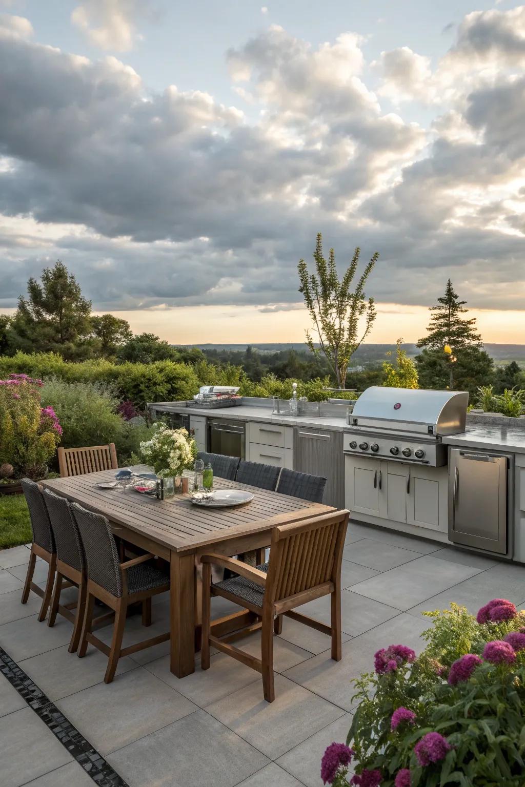 An outdoor kitchen adds convenience to dining spaces.