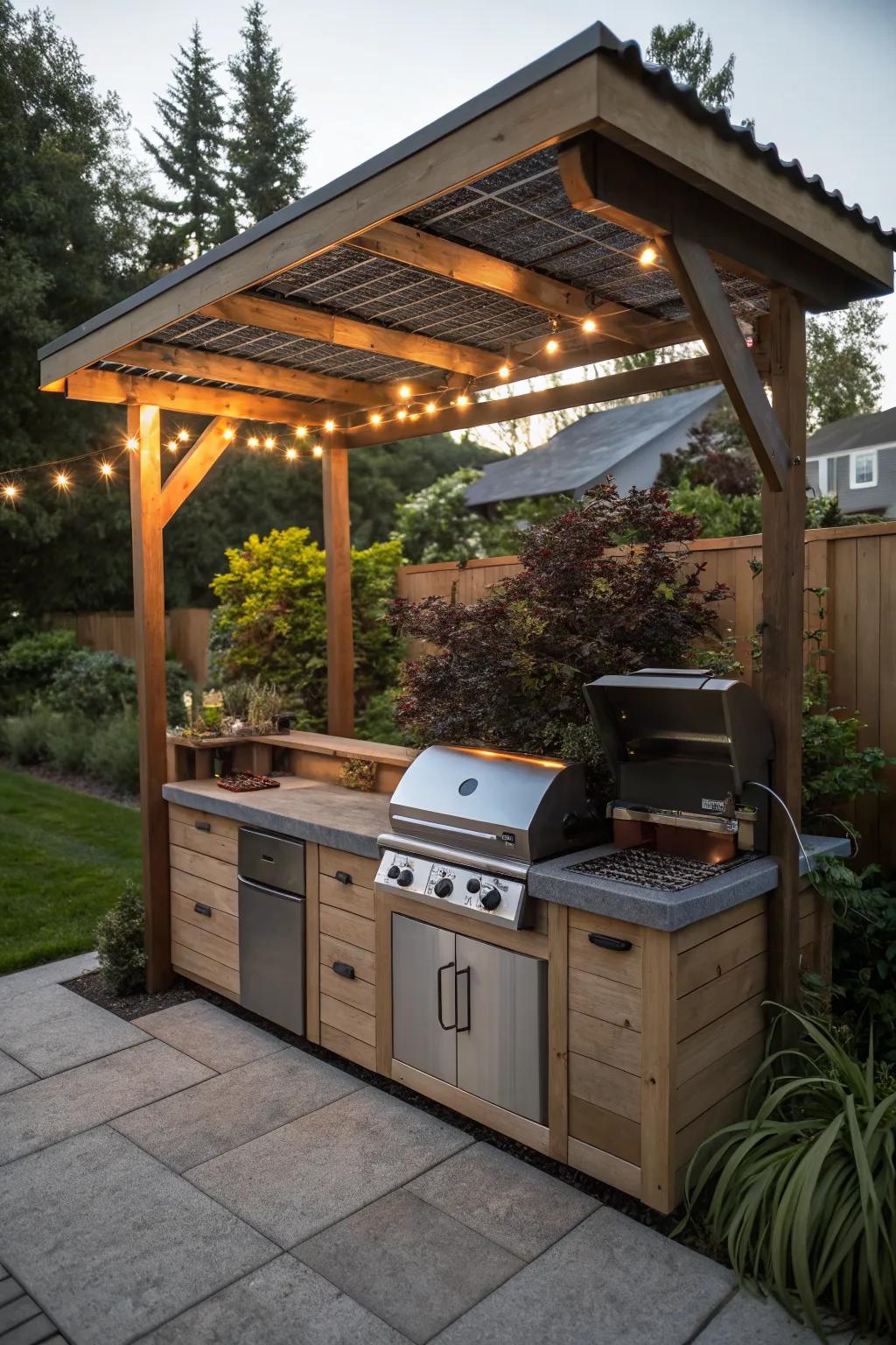 An eco-friendly grilling station with solar lighting.
