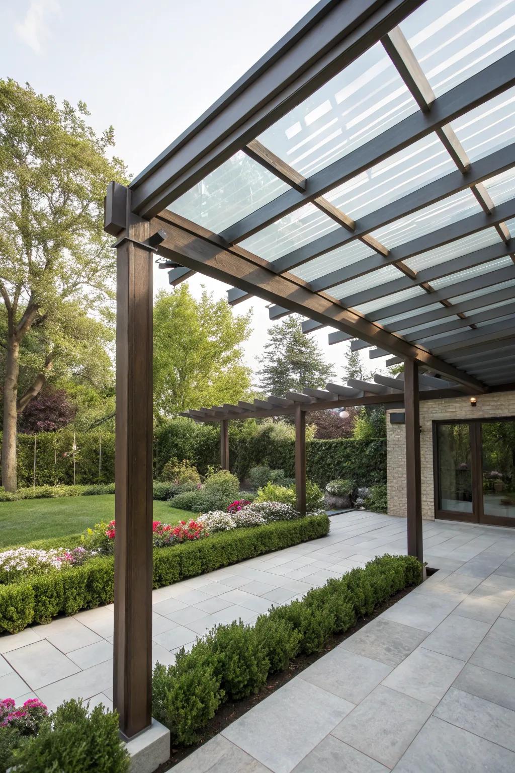 Enjoy year-round outdoor living with a glass-covered pergola.