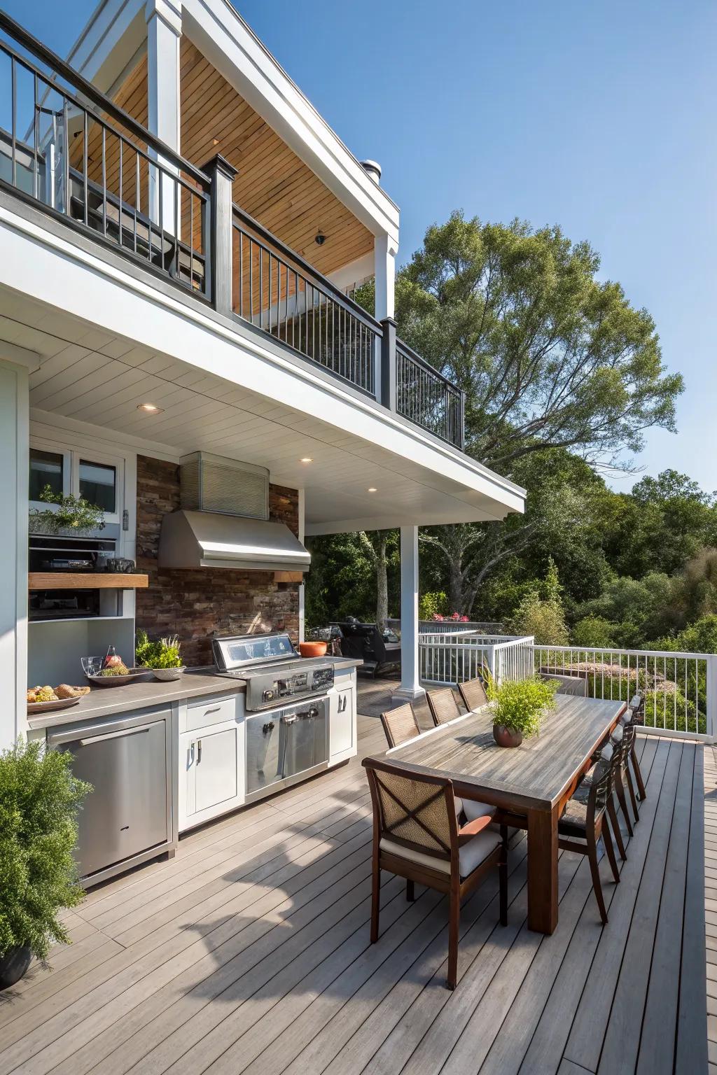 A multi-level deck offers distinct zones for different activities.