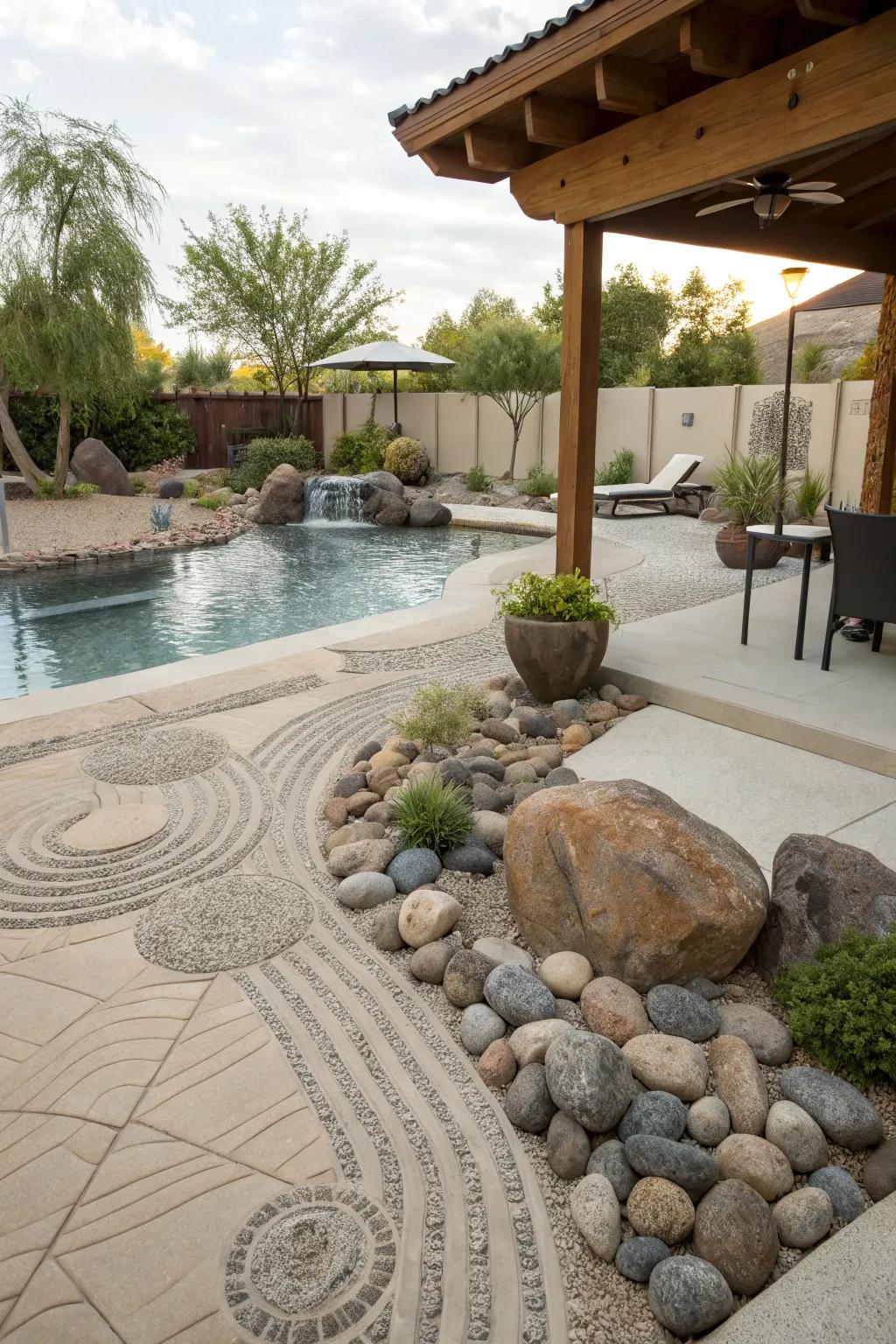 A Zen garden adds tranquility and a touch of the unexpected.