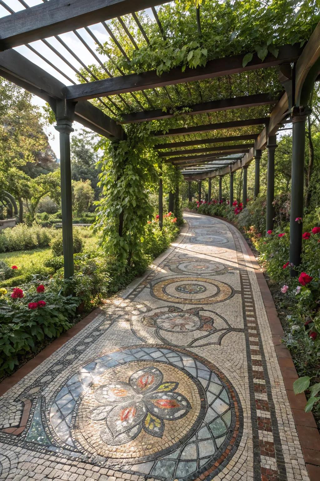 An artistic mosaic pathway that adds color and creativity.