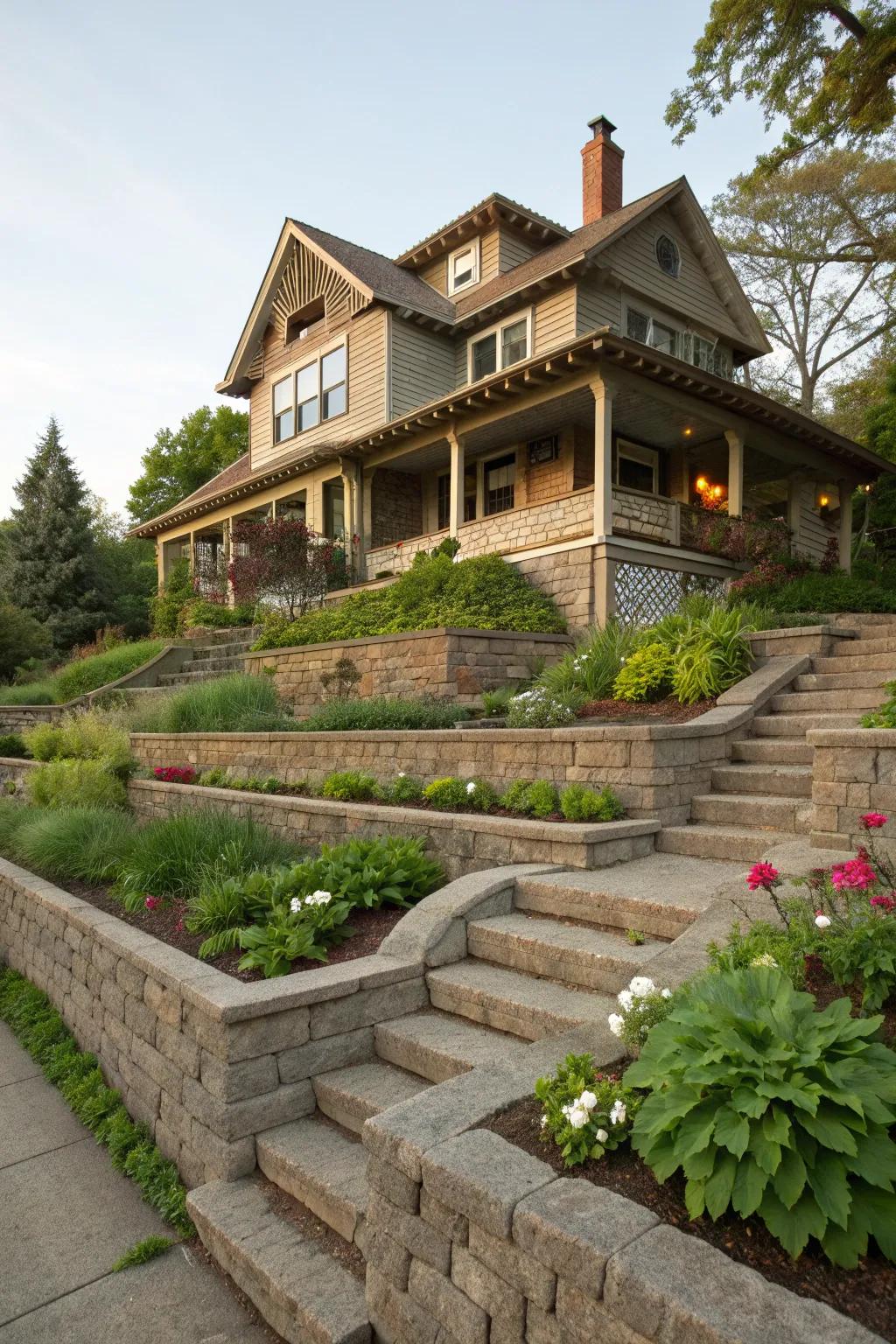 Retaining walls add structure and depth to the terraced garden beds.
