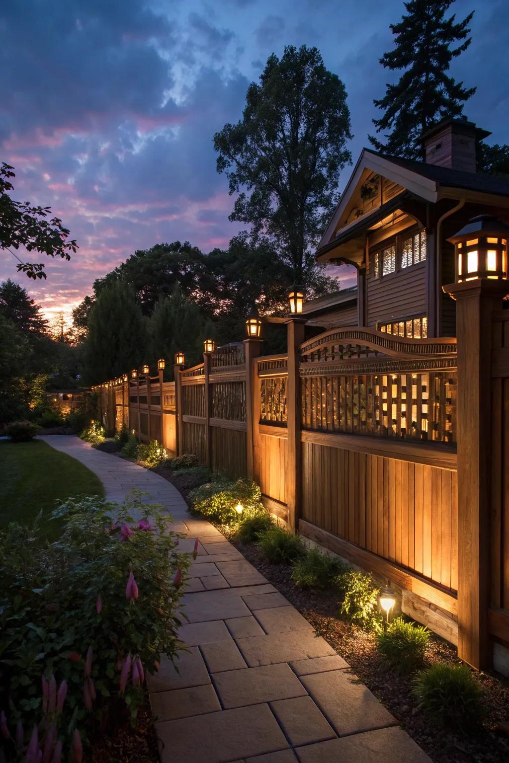 Integrated lighting adds ambiance and transforms the garden at night.