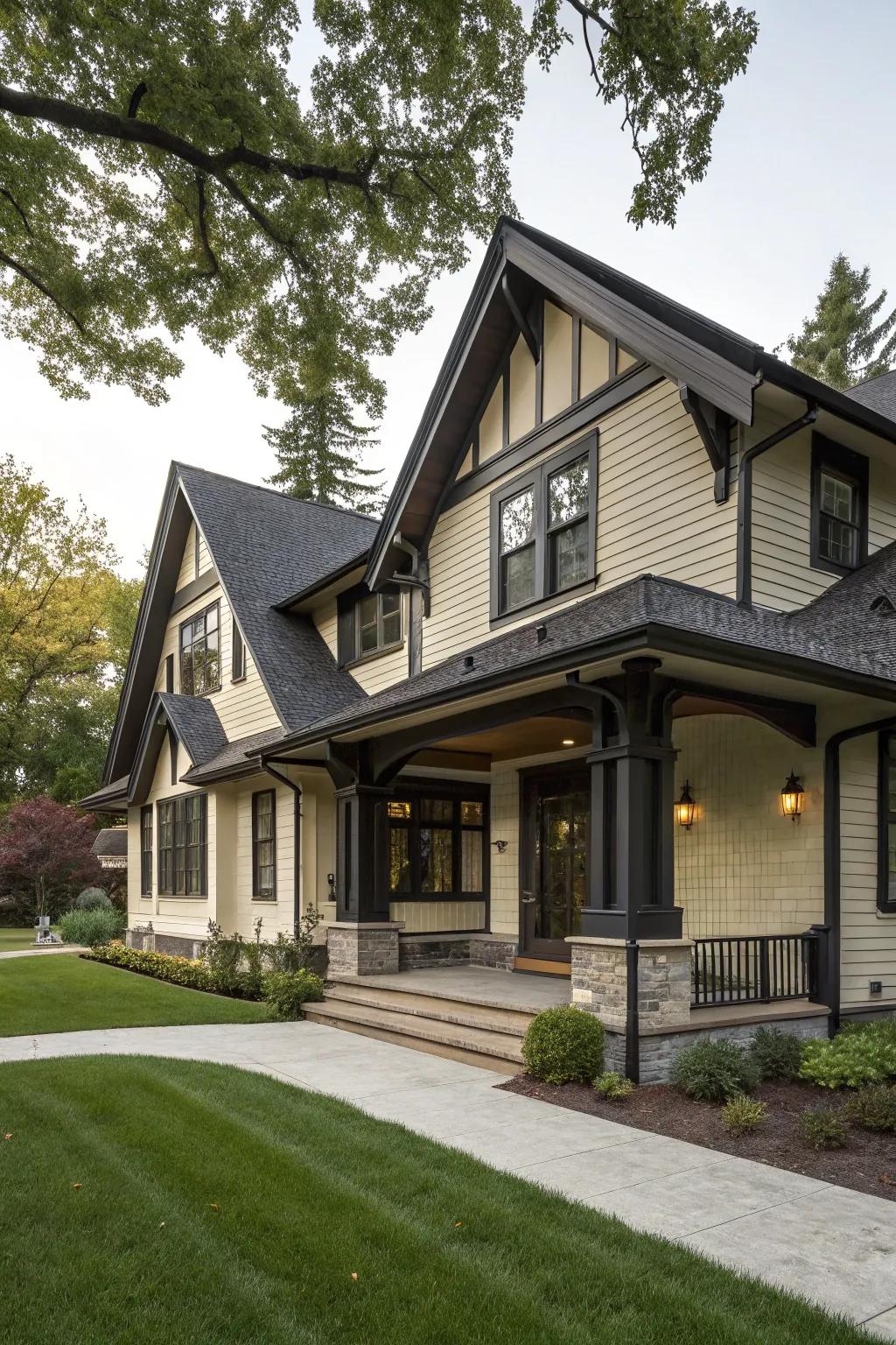 Dark trim provides striking contrast and impact on this Craftsman home.
