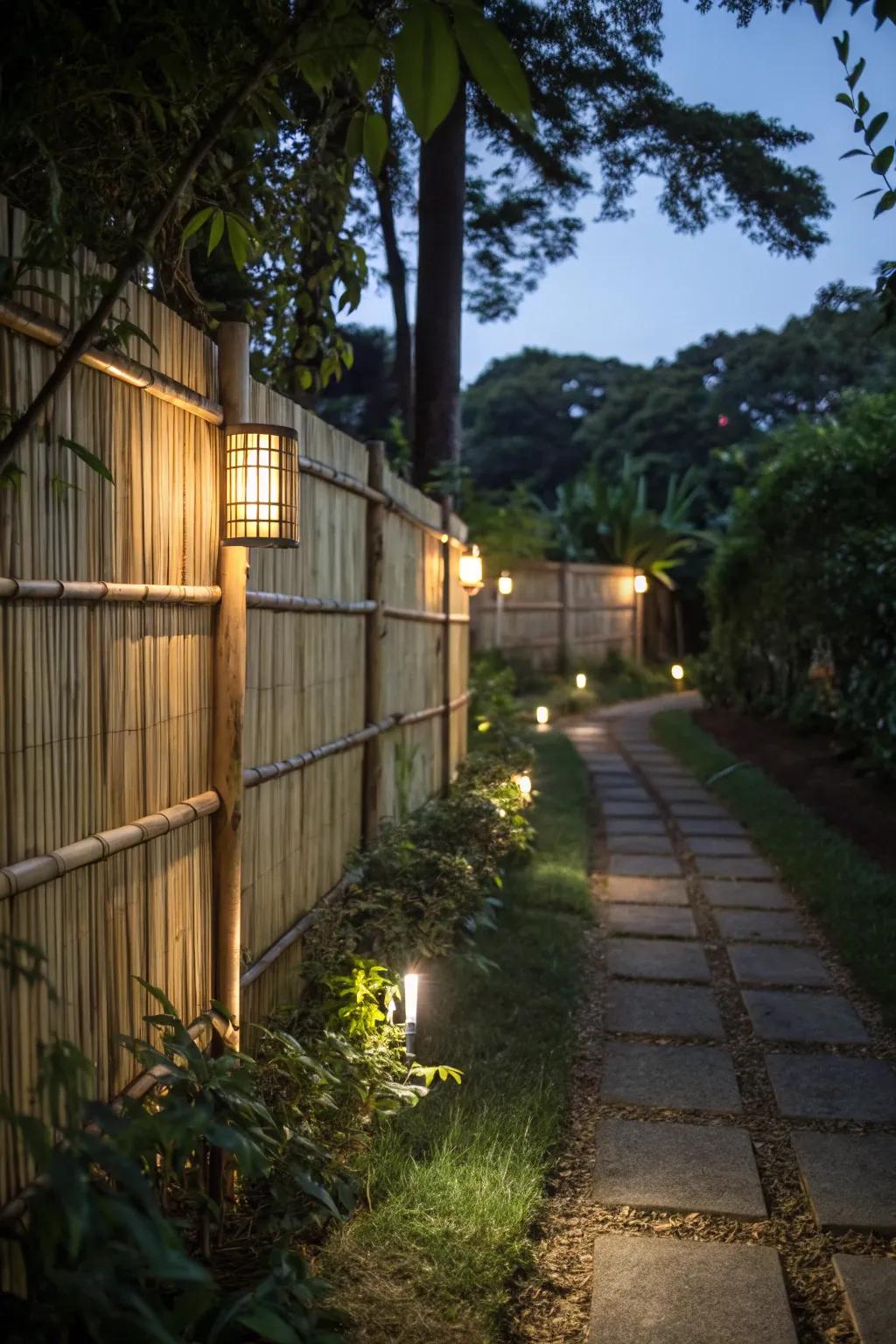 Bamboo fences with lights create nighttime allure.