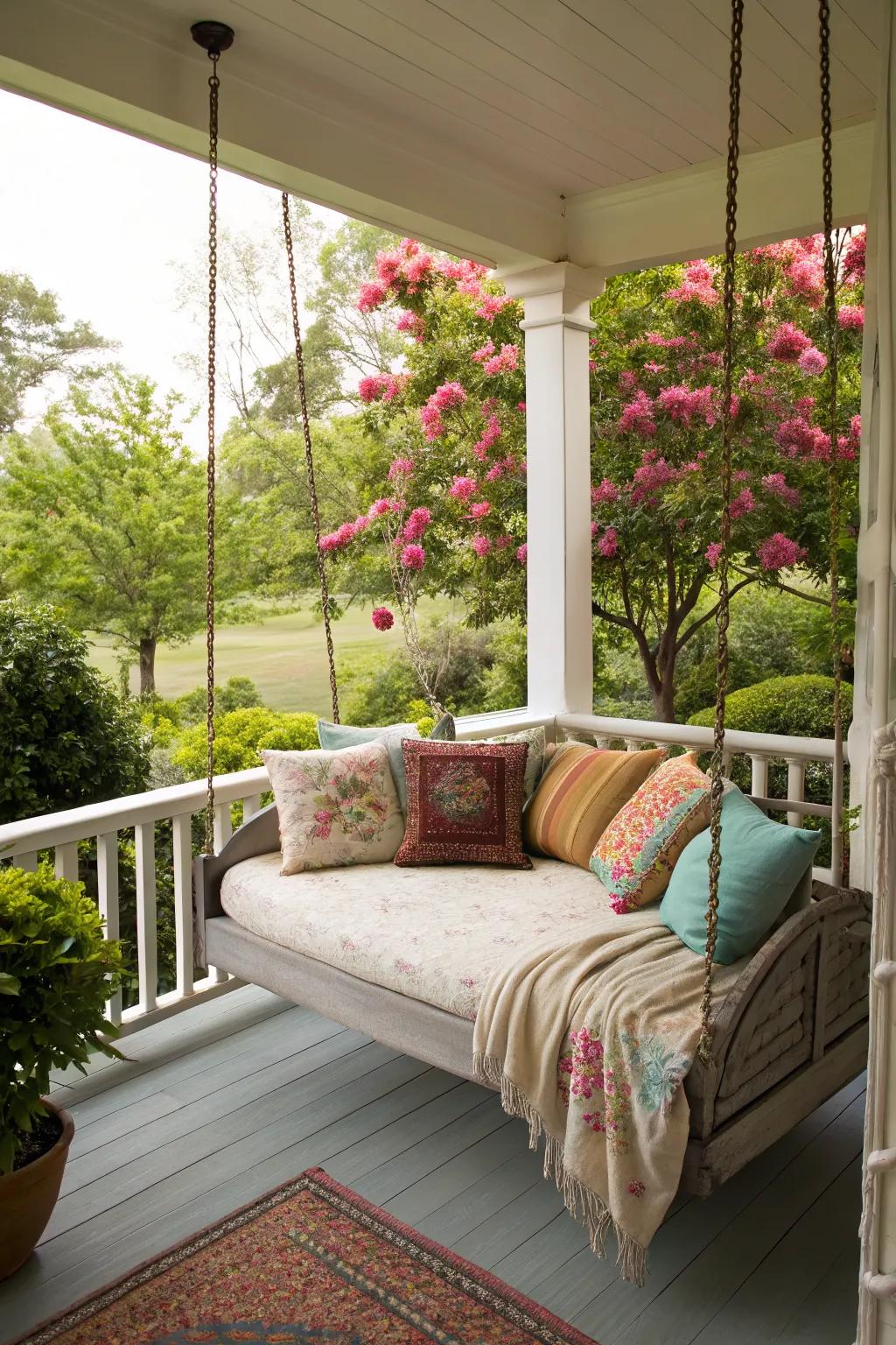Swinging porch beds offer a dreamy outdoor lounging experience.