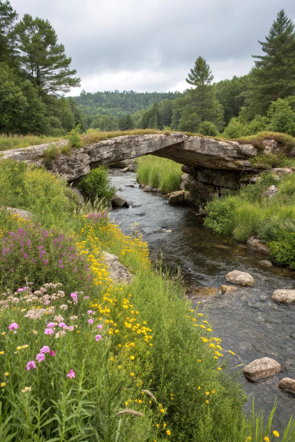 A natural rock bridge harmonizes with the landscape, providing a rugged crossing.