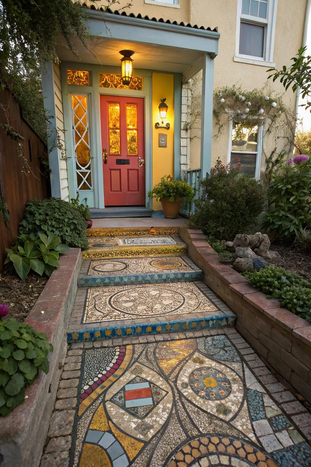 Mosaic walkways add artistic flair.