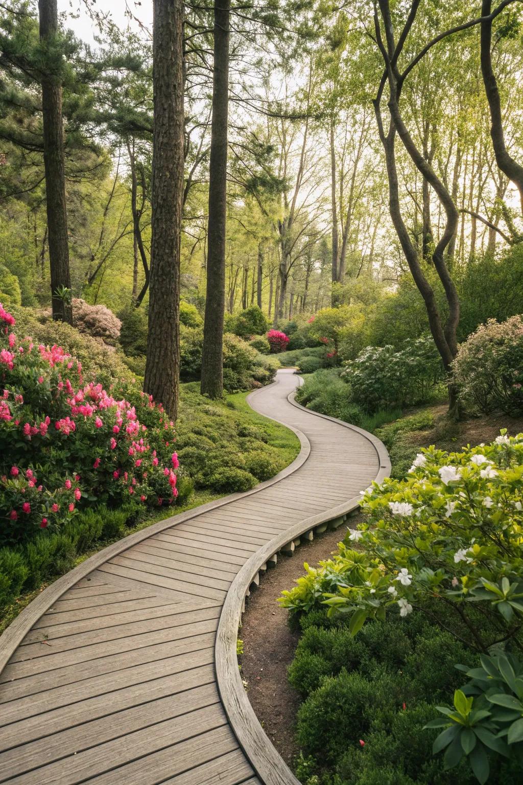 A beautifully crafted pathway made from composite decking, guiding through the garden.