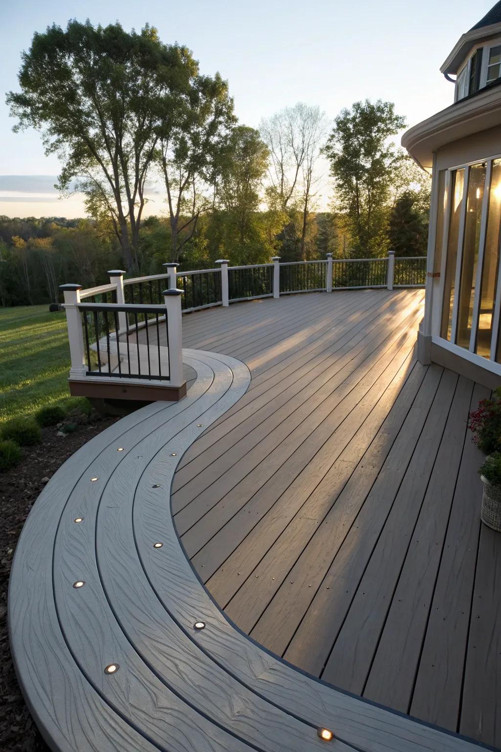 Creative patterns add a unique touch to the curved deck.