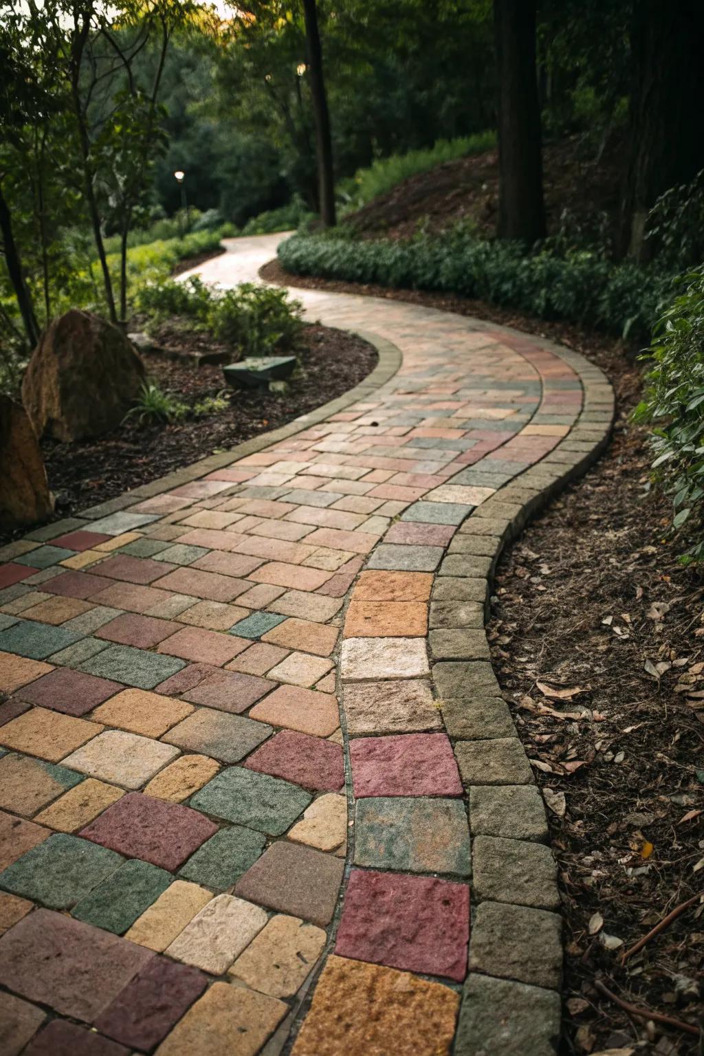 A curved walkway featuring colorful pavers in a mosaic of earth tones.