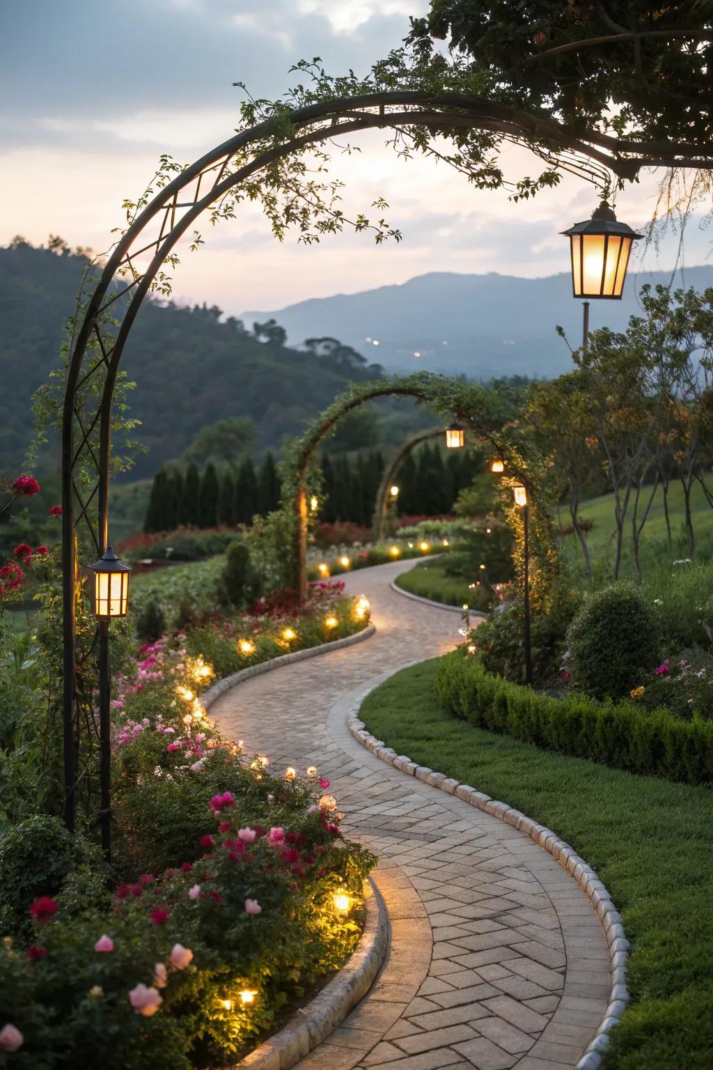 Curved lighting features enhance garden ambiance after dark.