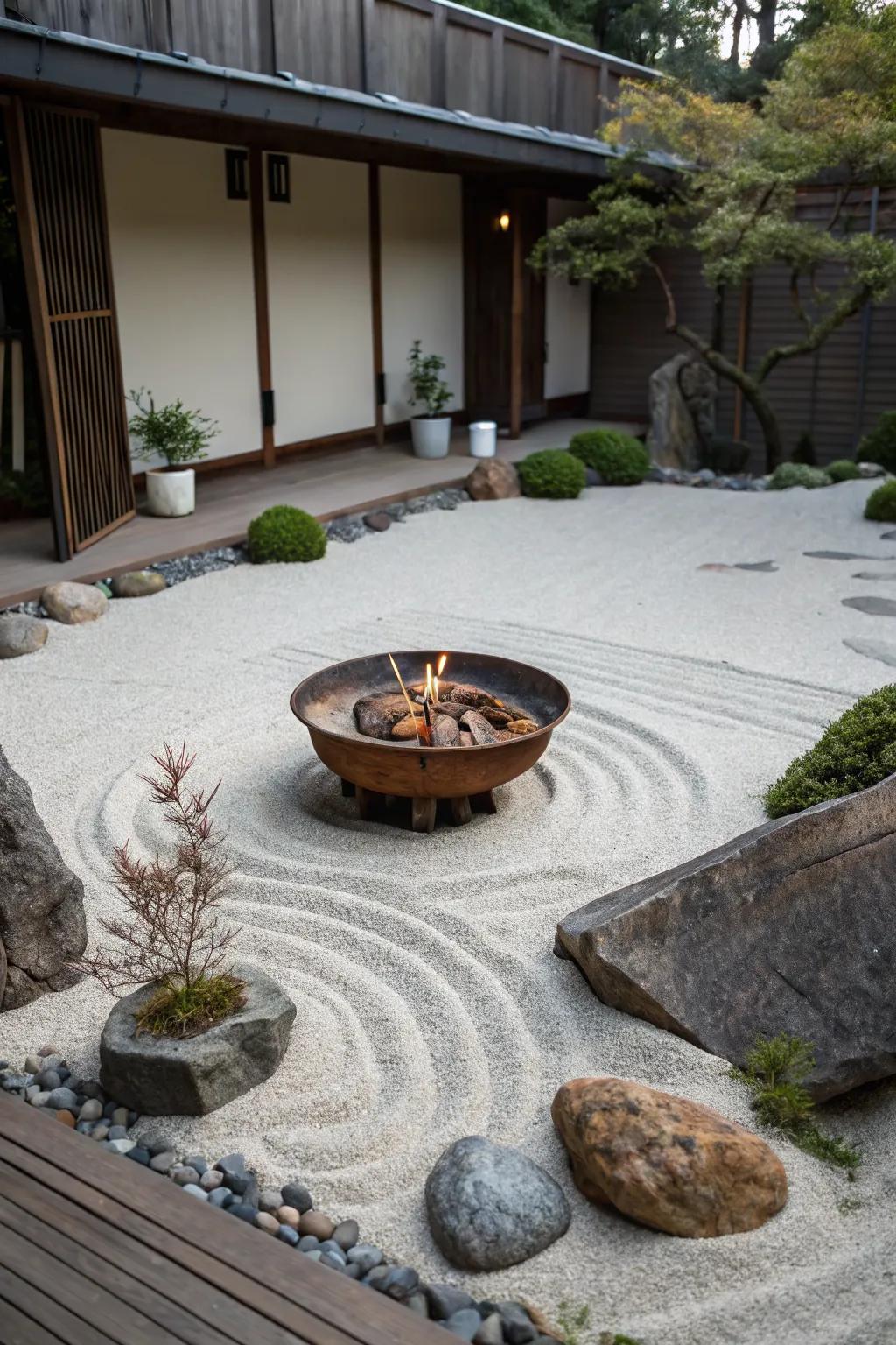 Zen garden fire pits blend warmth and relaxation beautifully.