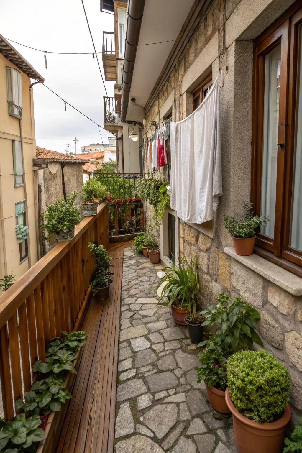 A small balcony adorned with natural elements such as stone and wood ornaments.