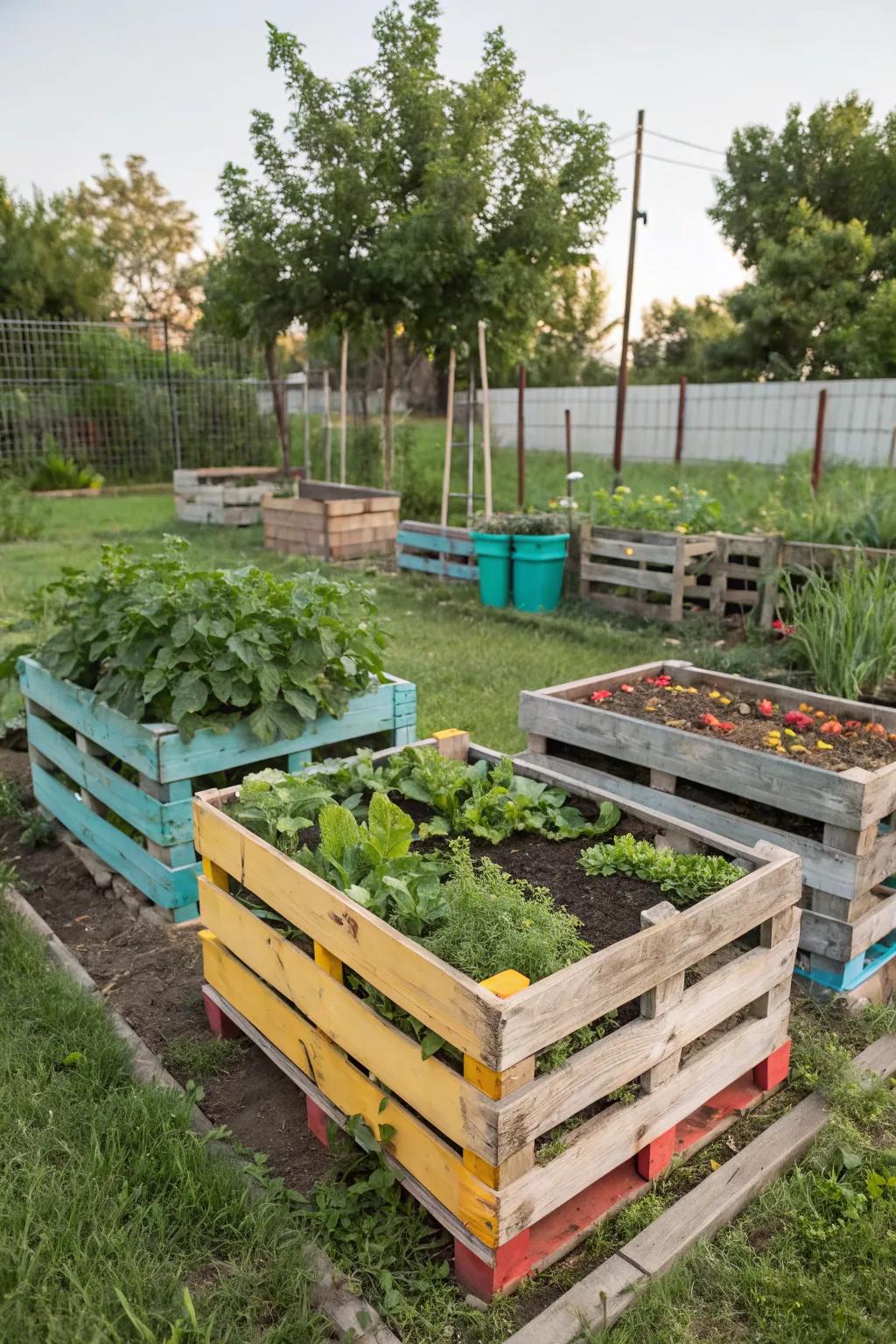 Upcycled planter boxes are eco-friendly and add rustic charm.