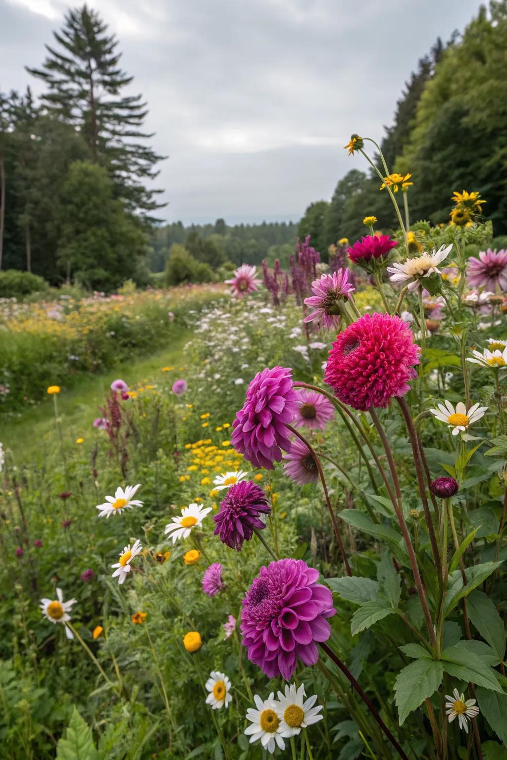 Wildflower mixes with dahlias create a whimsical and natural garden setting.
