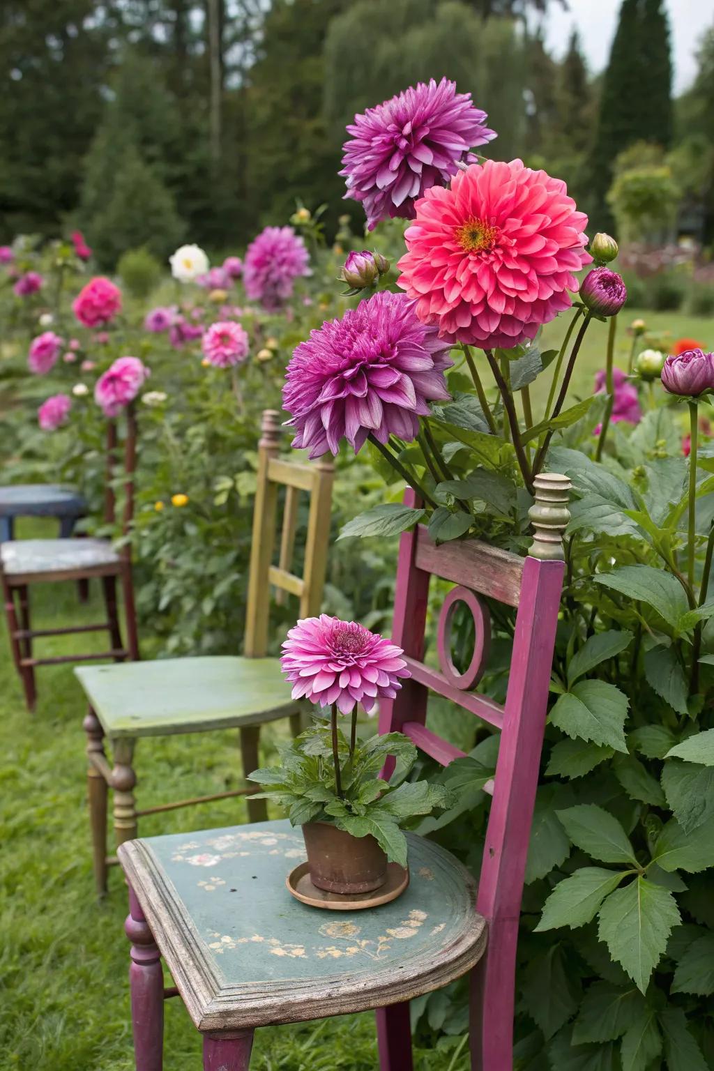 Old furniture parts creatively used as dahlia supports.