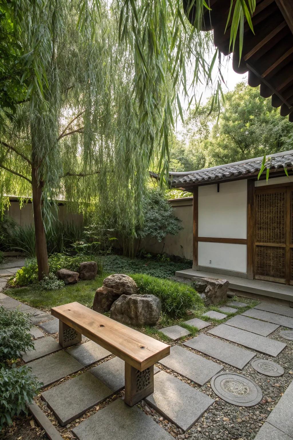 Dappled willows enhance the tranquility of a meditation space.
