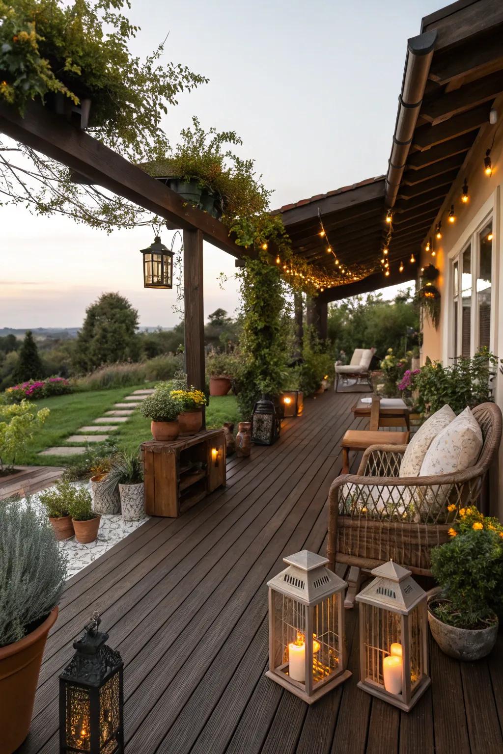 Rustic wood accents add warmth and charm to the deck.
