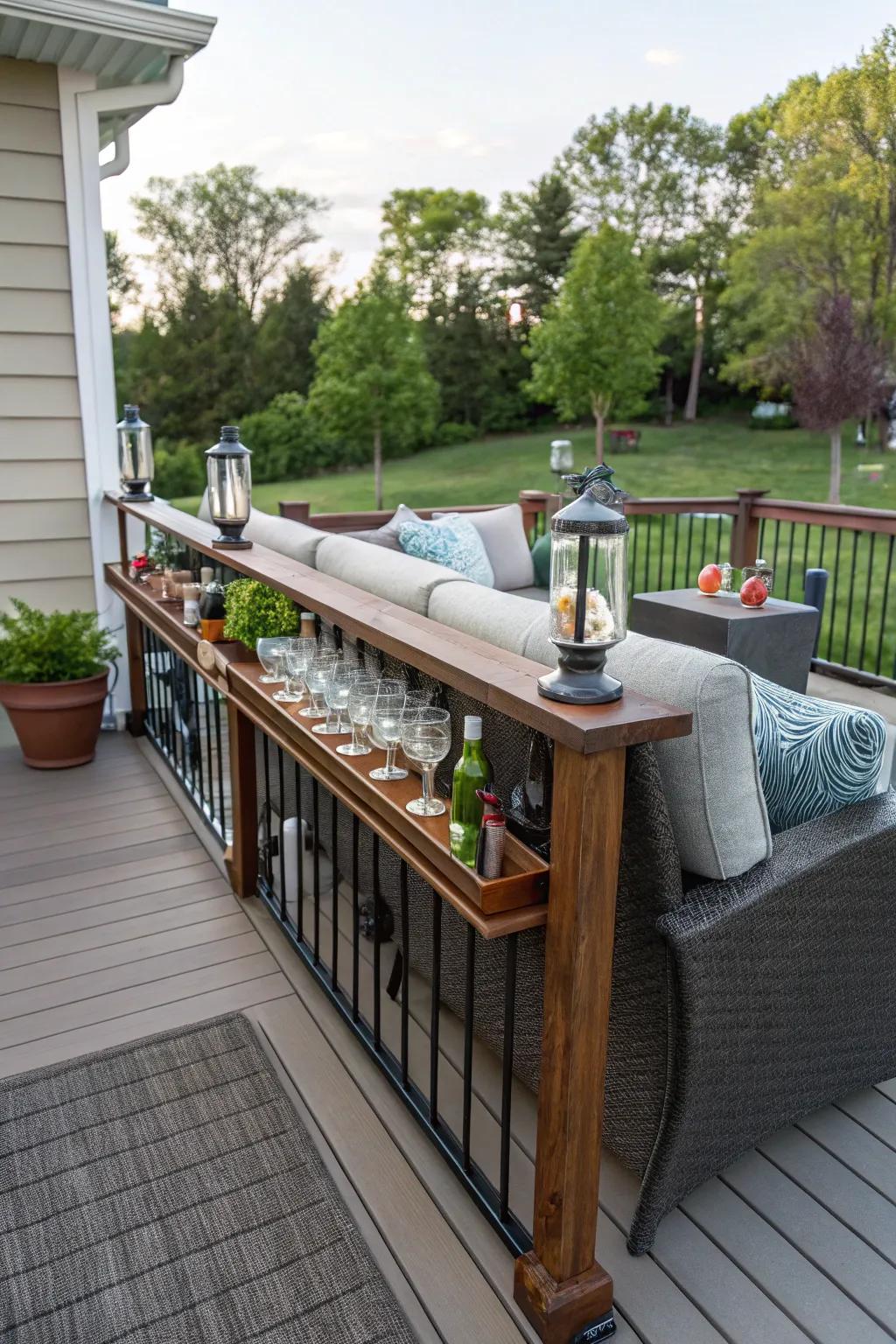 A stylish drink rail provides convenience on this deck.