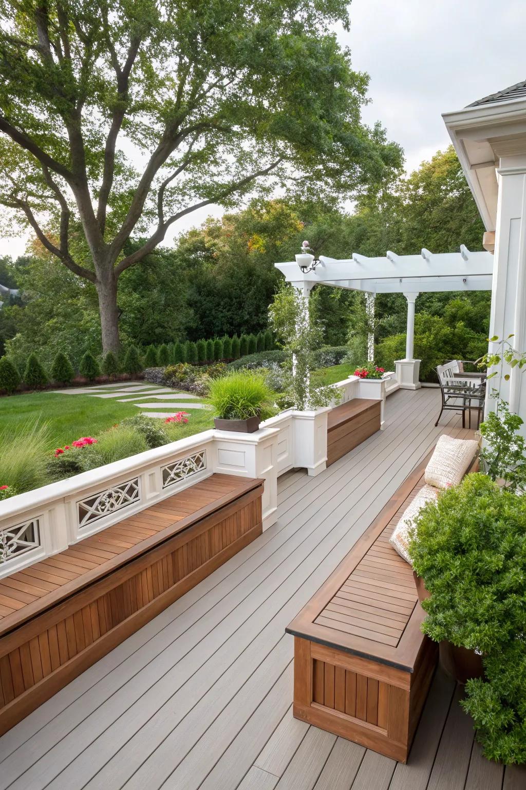 Built-in benches provide ample seating and style.
