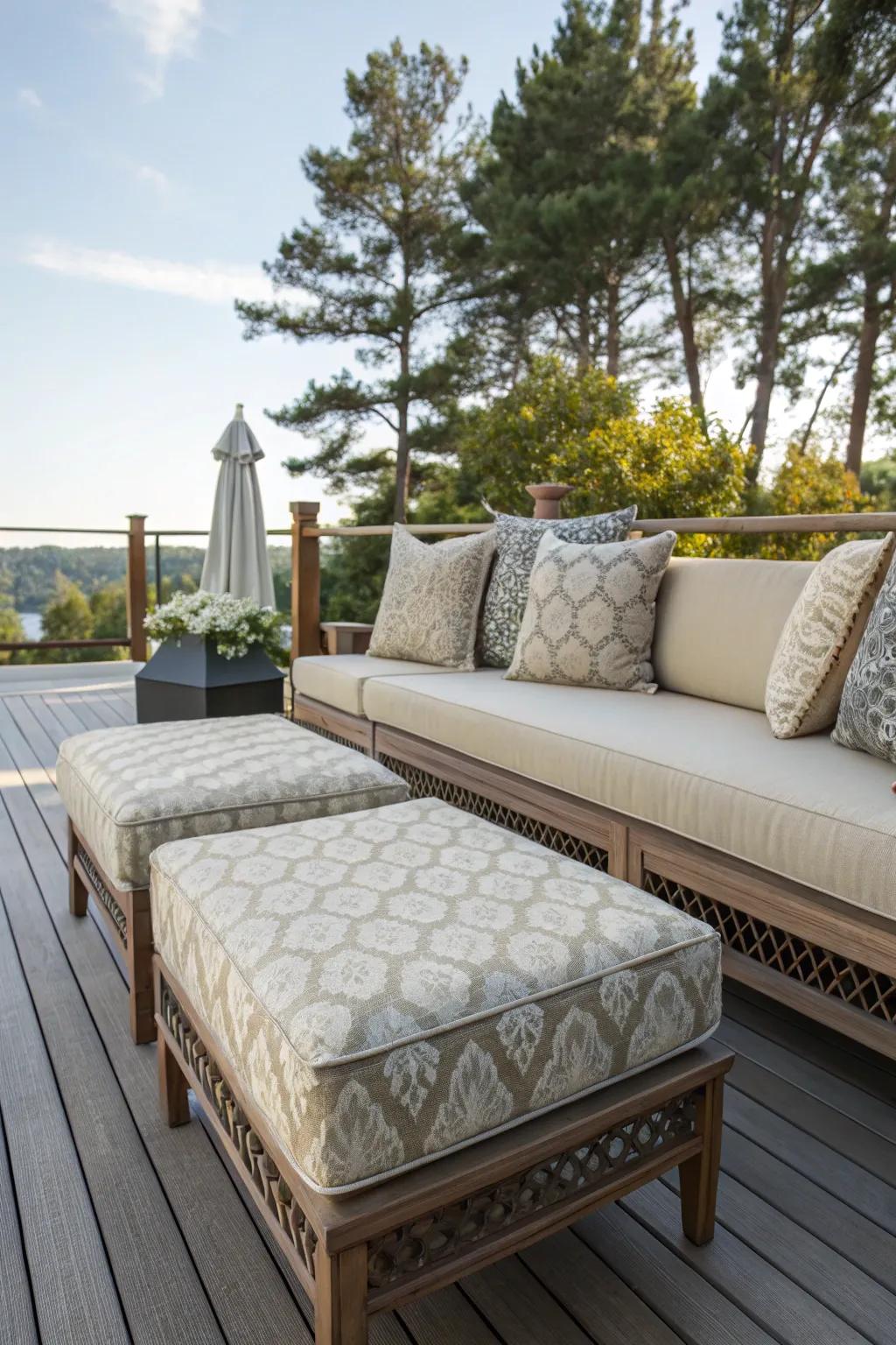Upholstered benches bring indoor comfort outdoors.