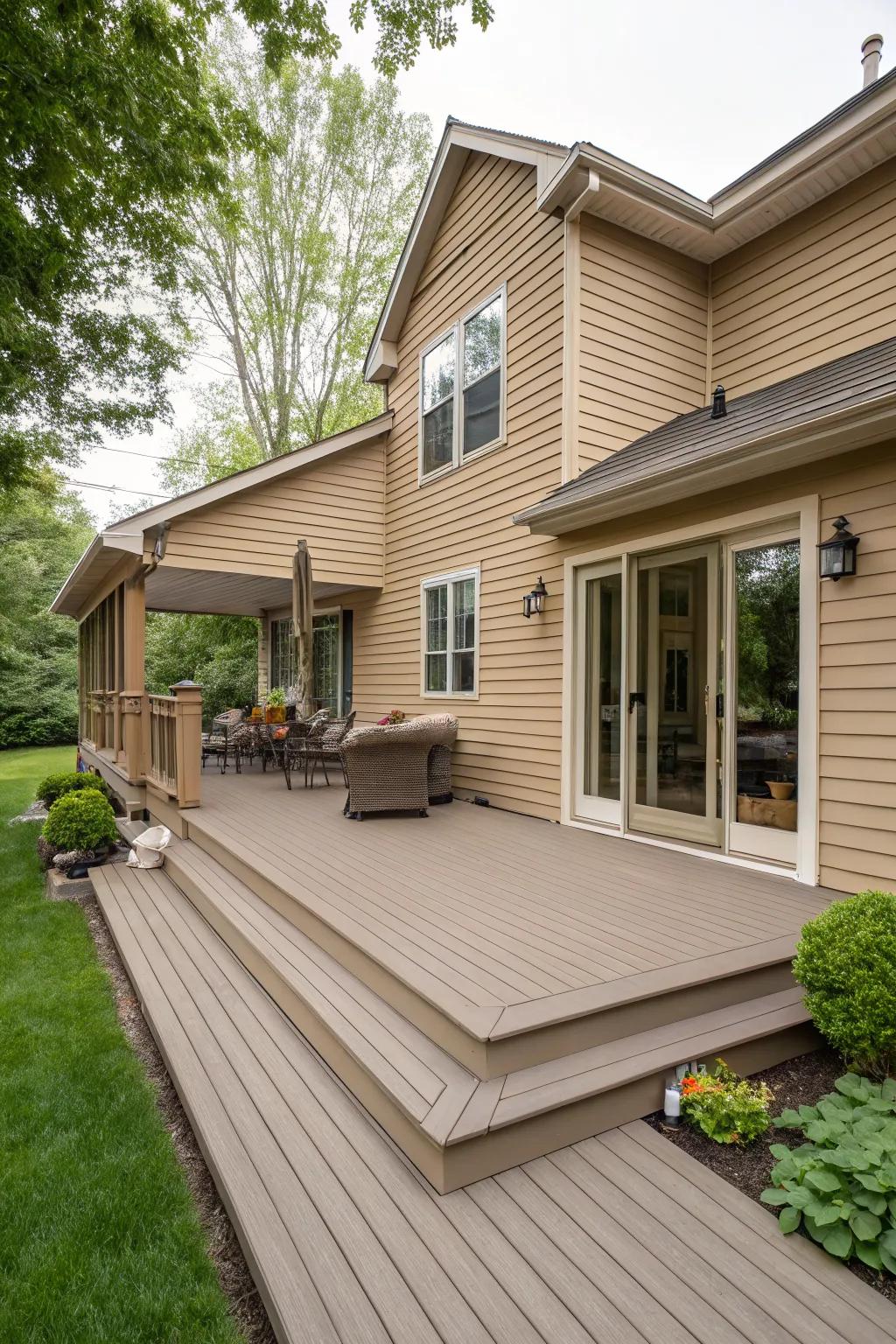 Taupe decks offer monochromatic sophistication and cohesion.