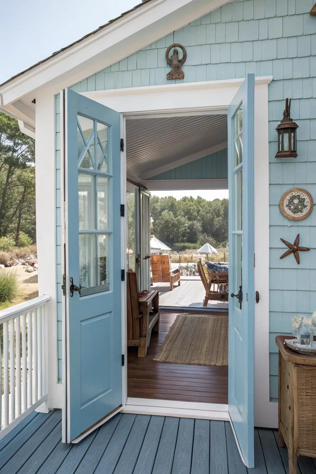 Nautical colors bring a soothing coastal vibe to deck doors.
